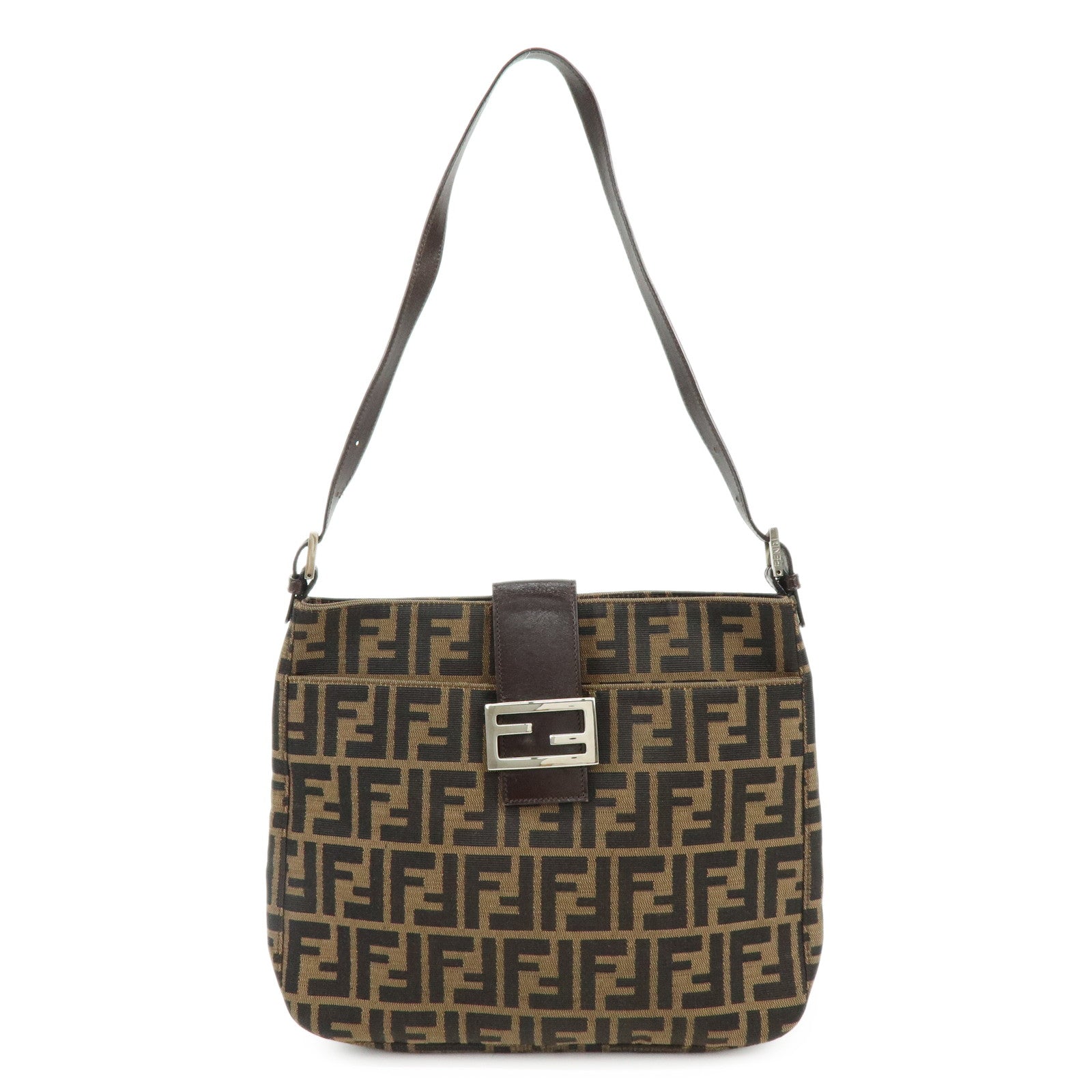 FENDI Zucca Canvas Leather Shoulder Bag Brown Black 26727