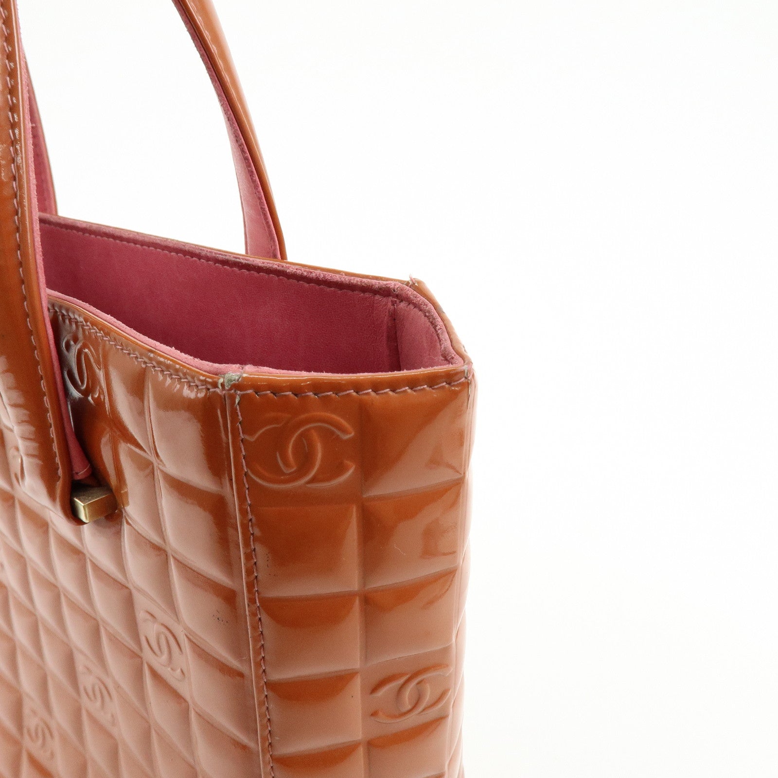 CHANEL Chocolate Bar COCO Mark Patent Leather Hand Bag Tote Bag Orange