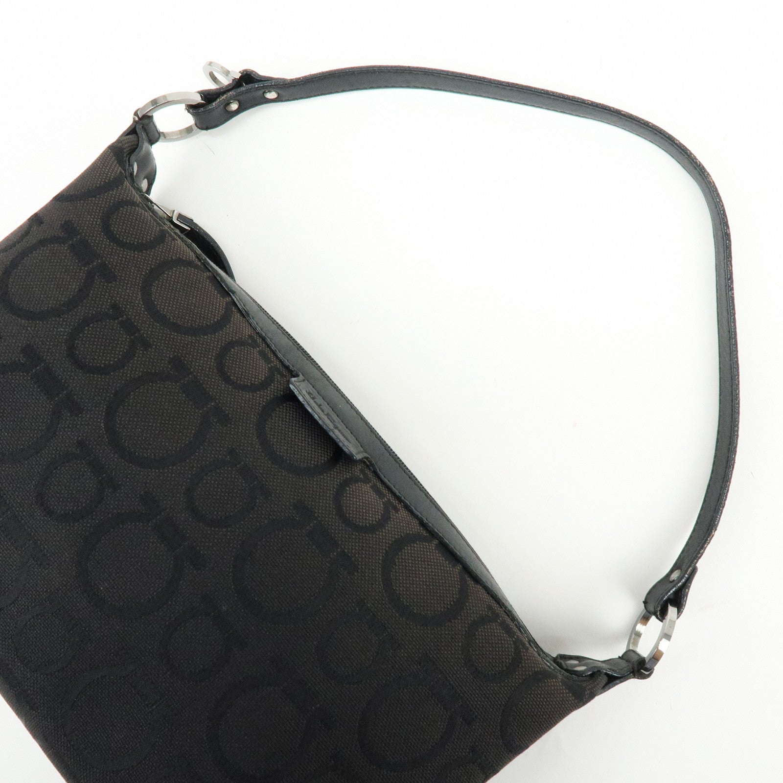 Ferragamo Gancini Canvas Leather Hand Bag Accessory Pouch Black