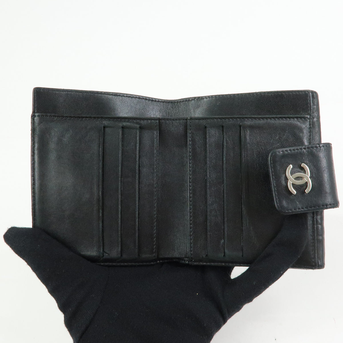 CHANEL Icon Line COCO Mark Lamb Skin W Hook Compact Wallet Black