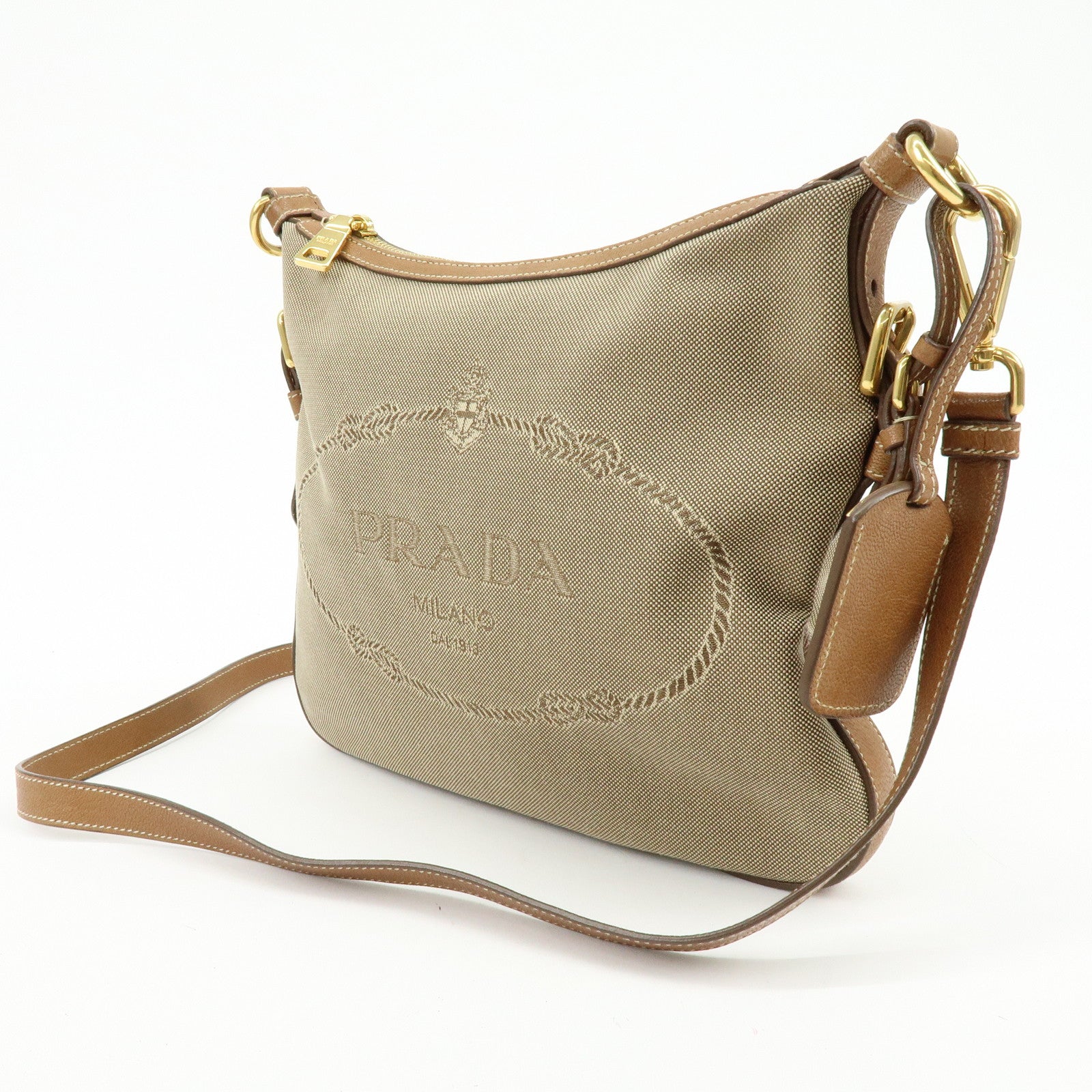 PRADA Logo Jacquard Canvas Leather Shoulder Bag Crossbody Bag Brown