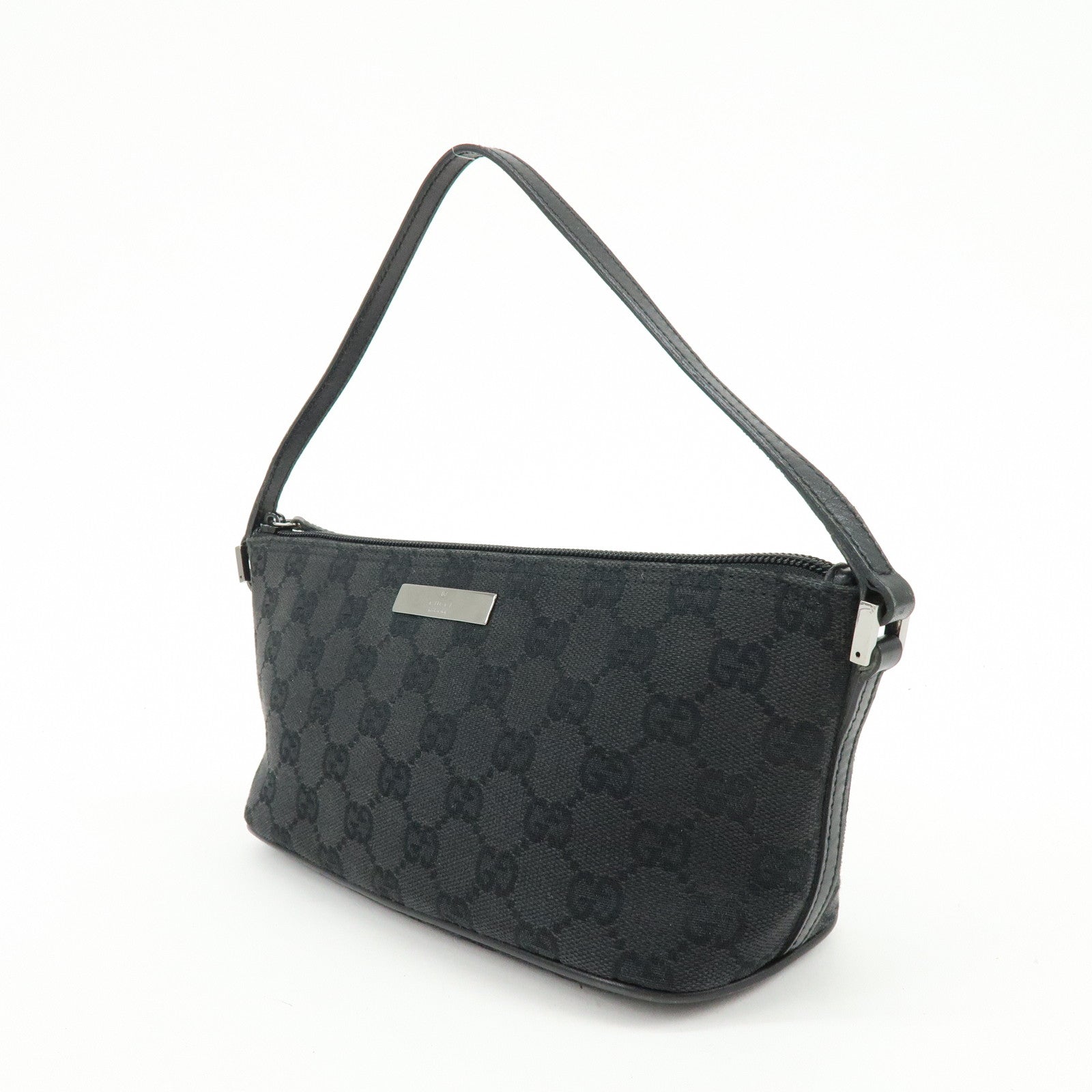 GUCCI Boat Bag GG Canvas Leather Accessory Pouch Hand Bag Black 07198
