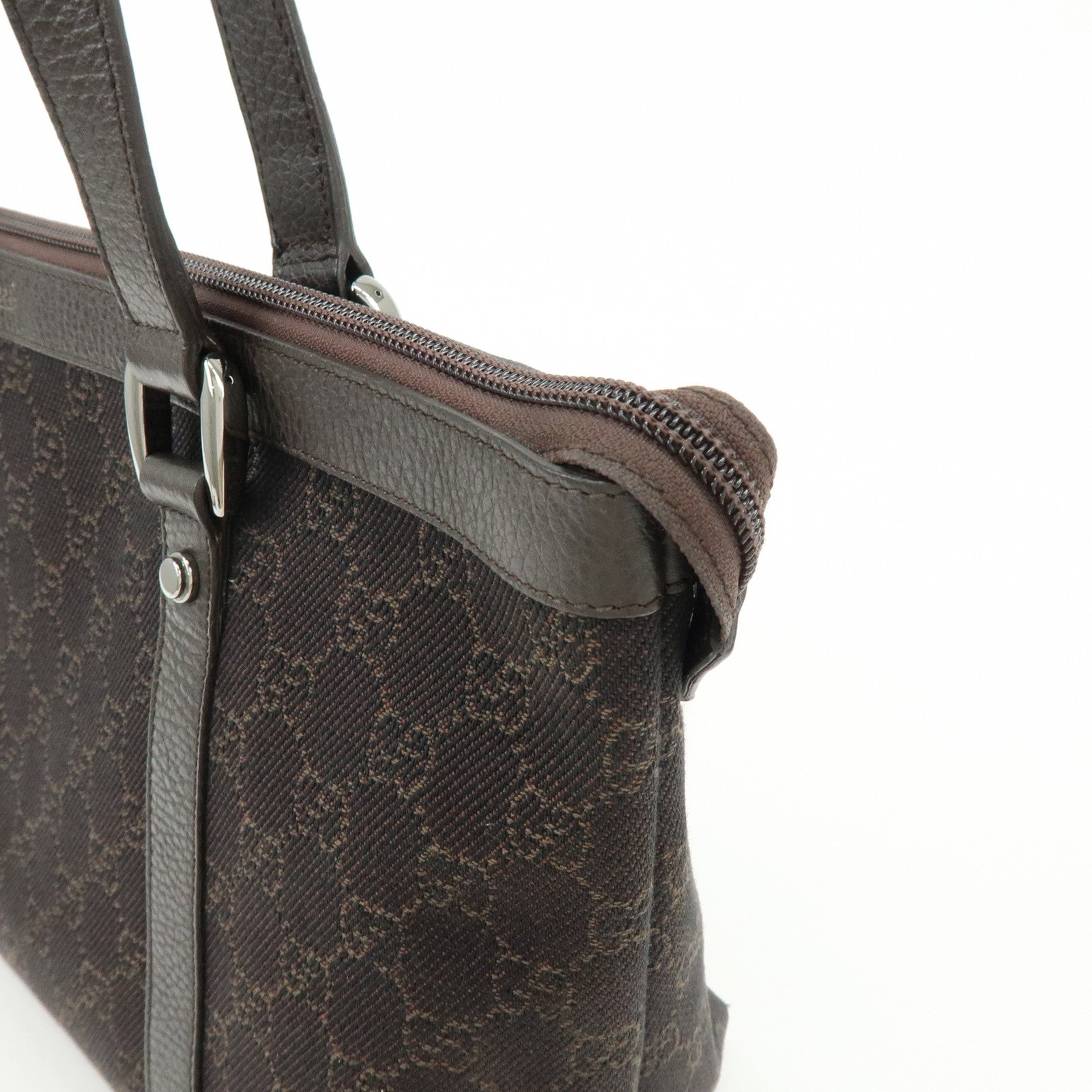 GUCCI Abbey GG Denim Leather Tote Bag Hand Bag Dark Brown 268640