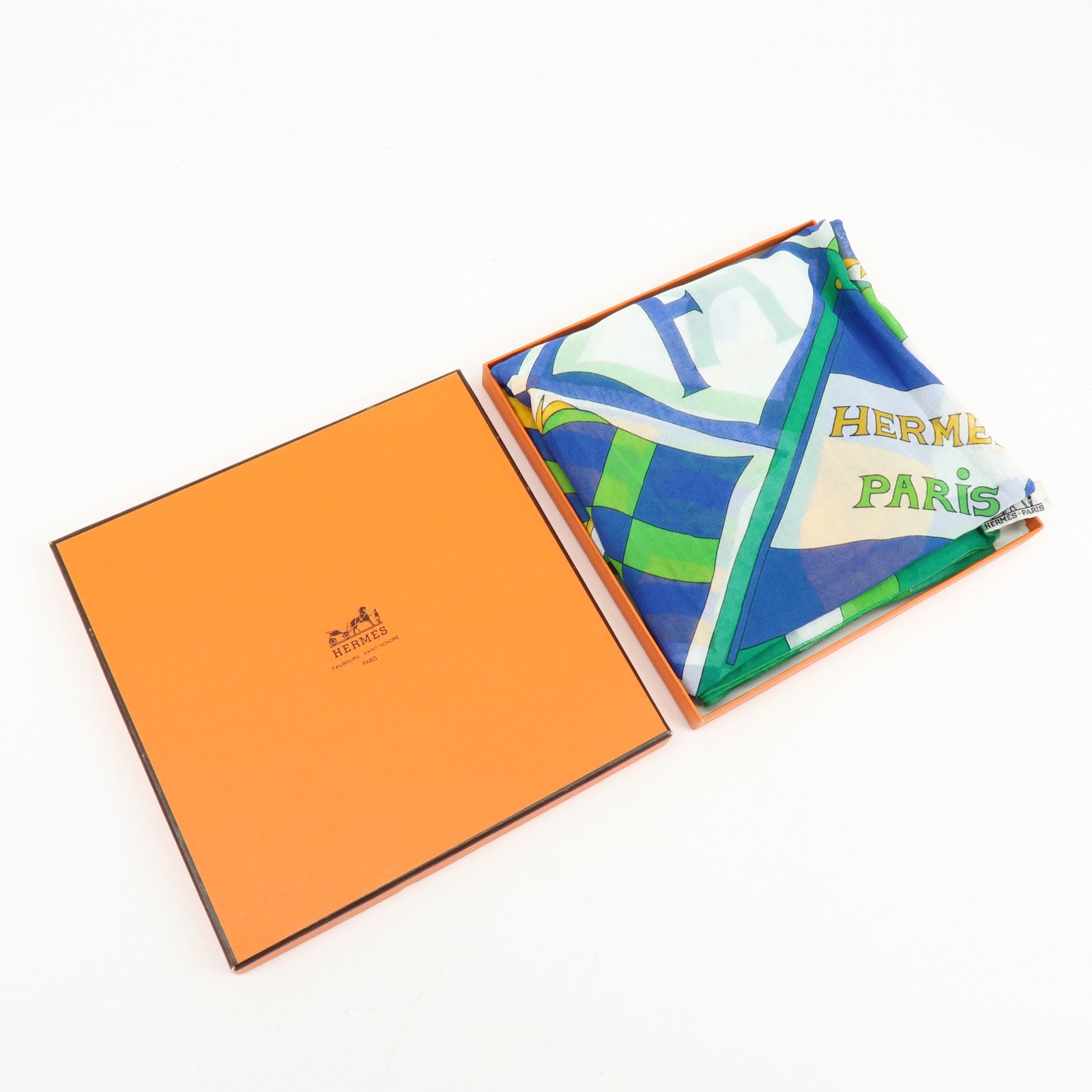 HERMES Vive La France Cotton 100％ Scarf Pareo Green Blue Yellow