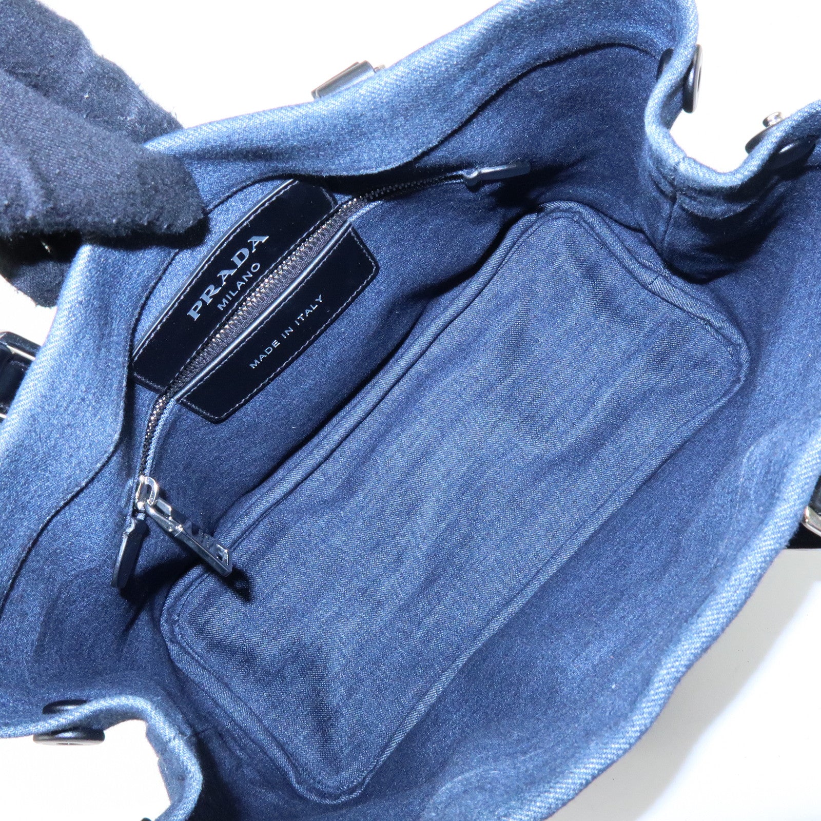 PRADA Logo Denim Leather Tote Bag Shoulder Hand Bag Navy Black 1BG356