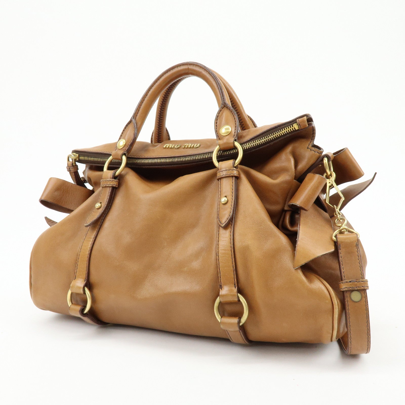 MIU MIU Leaether Ribbon 2Way Bag Hand Bag Shoulder Bag Brown