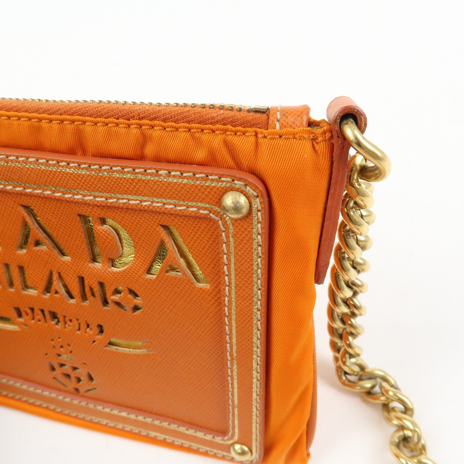 PRADA Nylon Leather Chain Shoulder Bag Crossbody Bag Papaya Orange