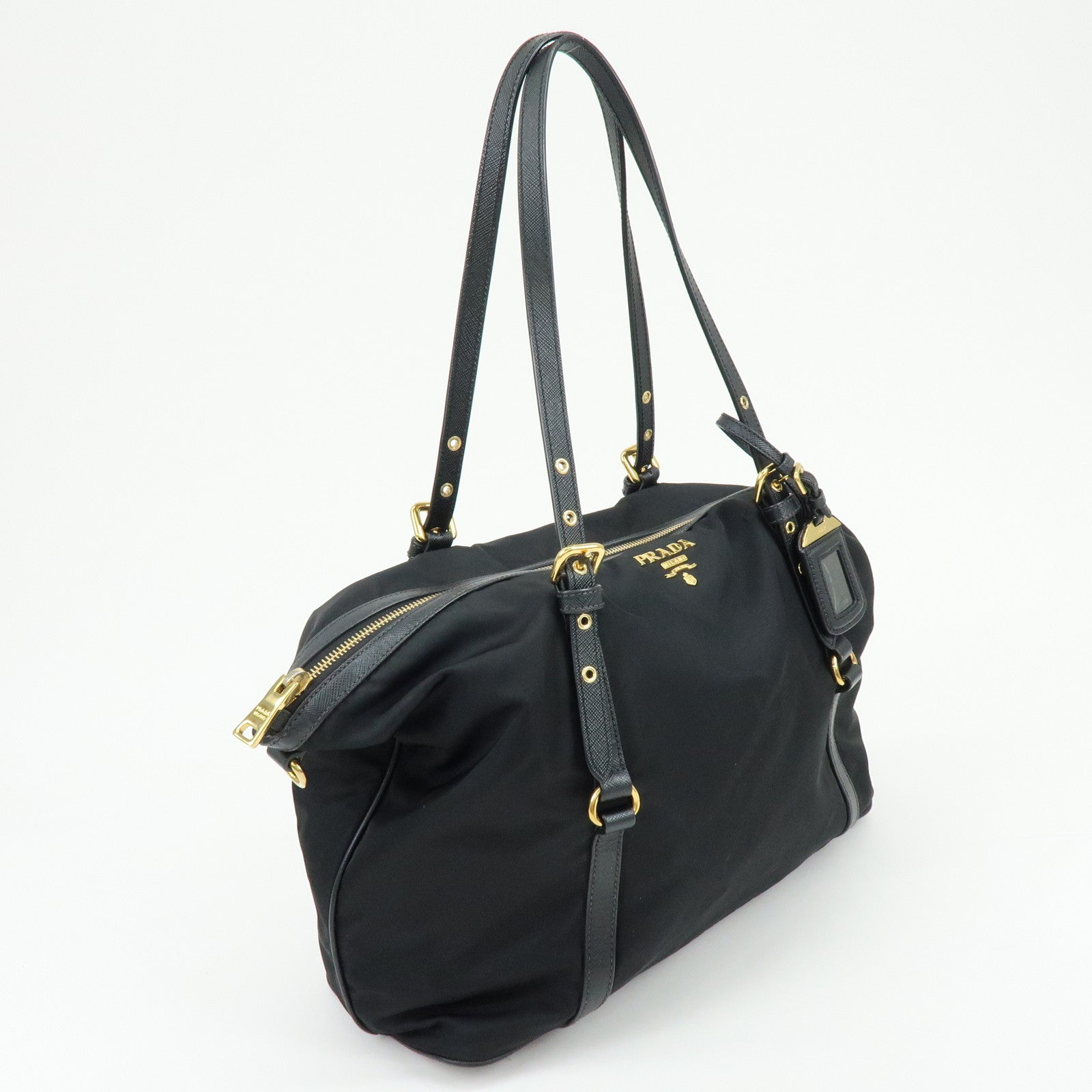 PRADA Logo Nylon Saffiano Leather Shoulder Bag Black 1BG253