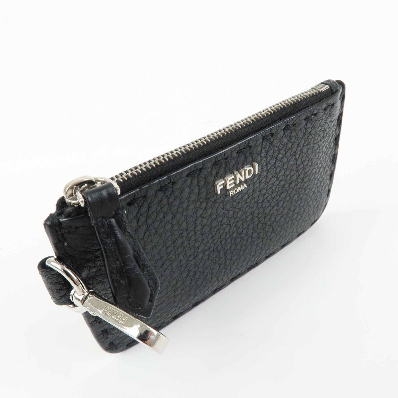 FENDI Selleria Calf Leather Card Case Coin Case Black 7M0343
