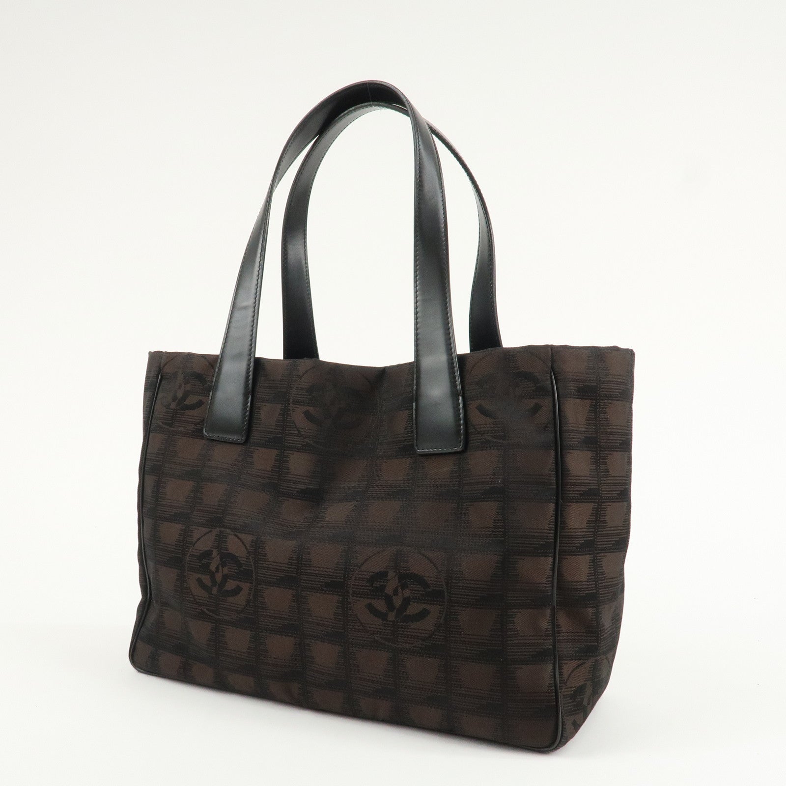 CHANEL New Travel Line Nylon Jacquard Leather Tote PM Dark Brown A20457 Used