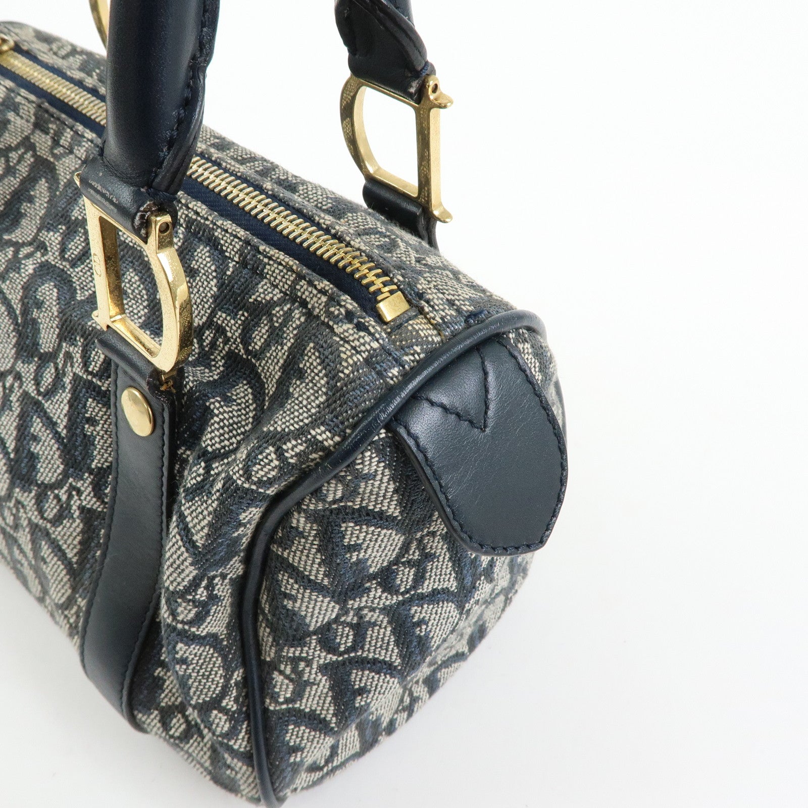 Christian Dior Trottern Jacquard Leather Mini Boston Bag Hand Bag Navy
