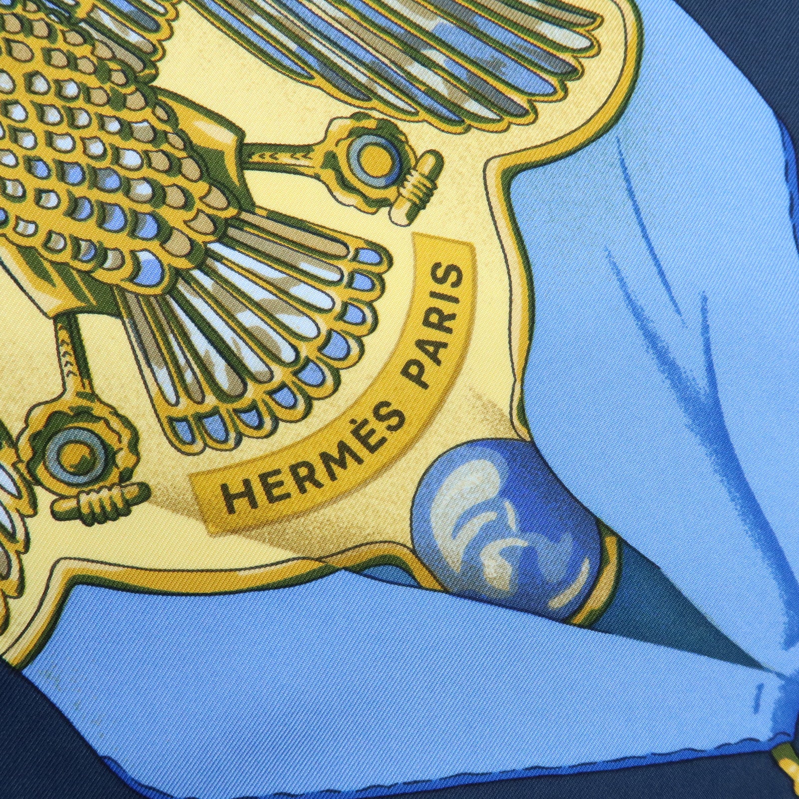 HERMES Carre 90 Silk 100% Scarf Soleil de Soie Blue Navy Yellow