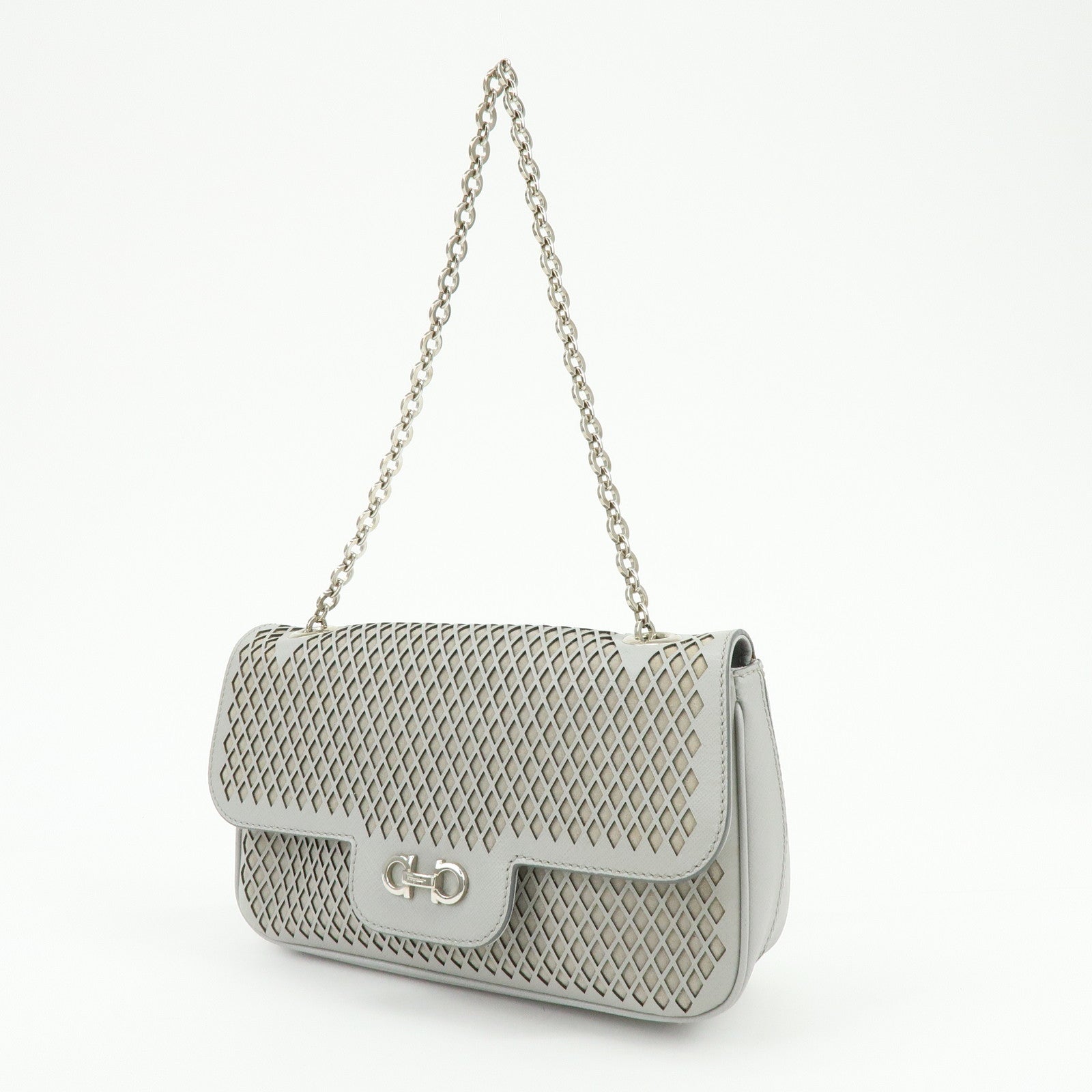 Ferragamo Gancini Leather Shoulder Bag Hand Bag Gray