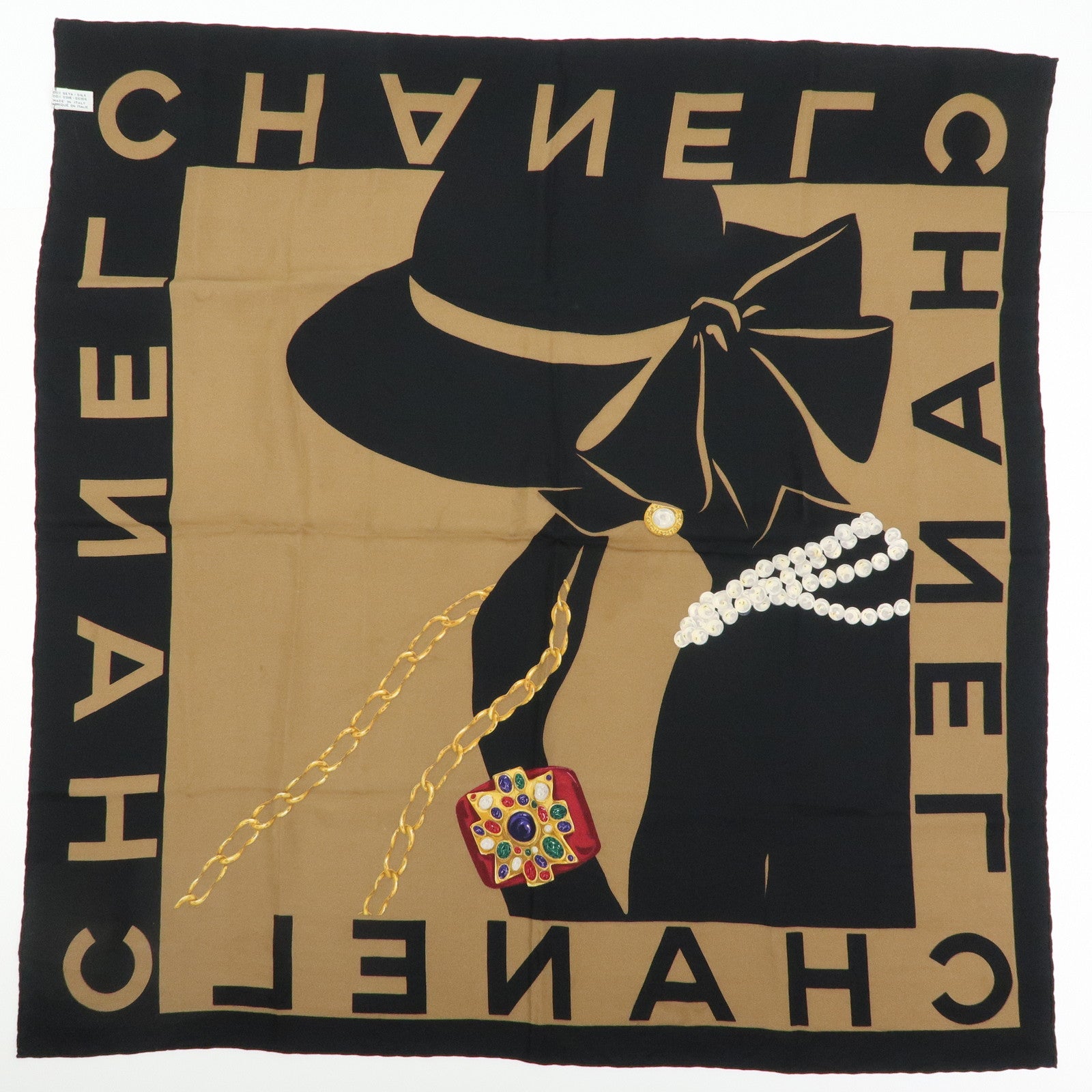 CHANEL Silk 100% Scarf  Pearl Jewelry Brown Black Gold Multicolor