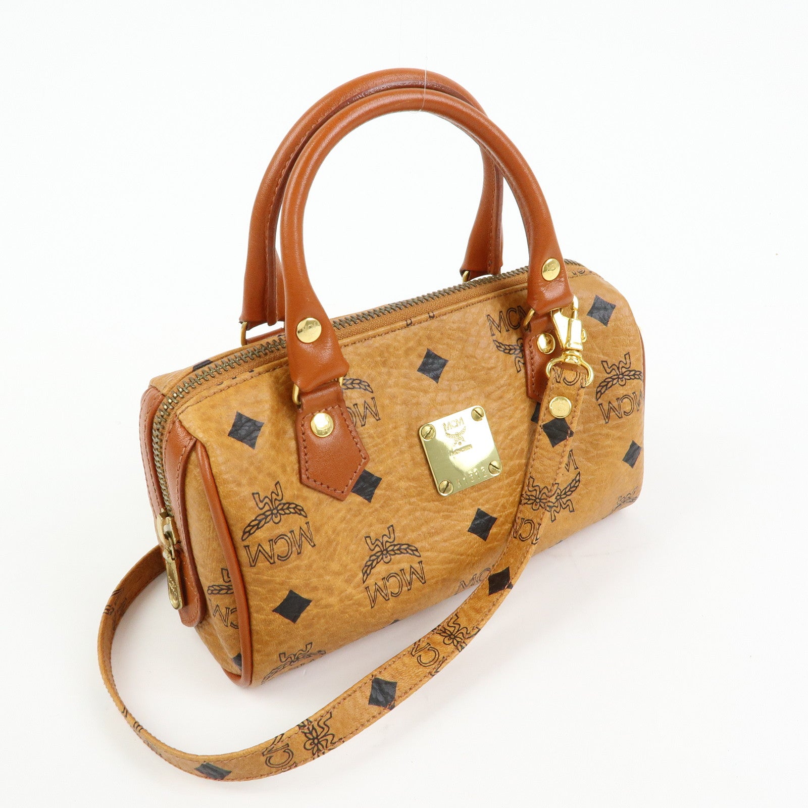 MCM Visetos Leather 2Way Bag Mini Boston Bag Hand Shoulder Bag Brown