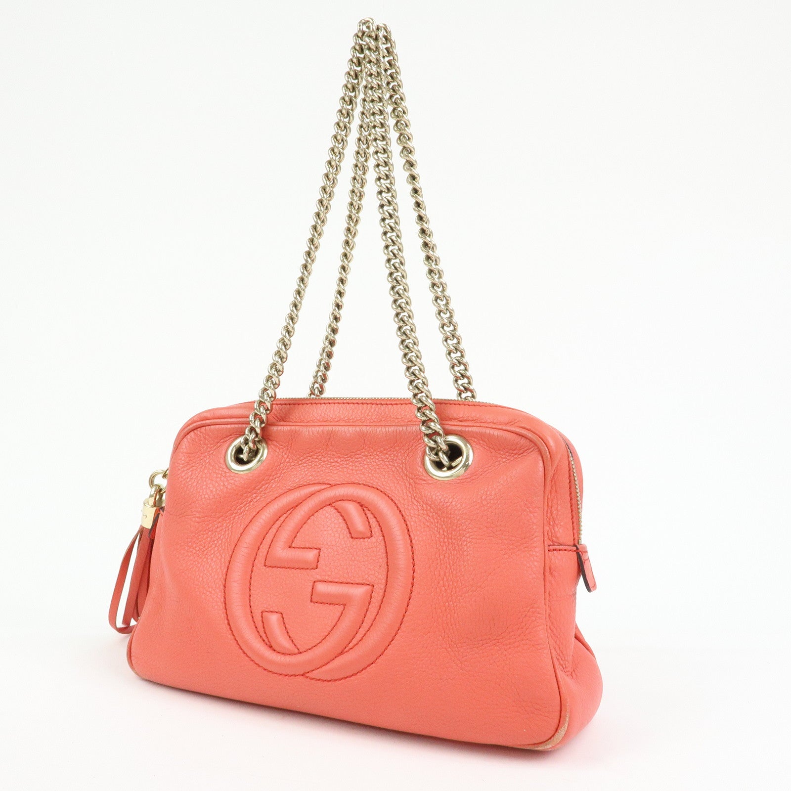 GUCCI SOHO Interlocking G Leather Chain Shoulder Bag Coral 308983