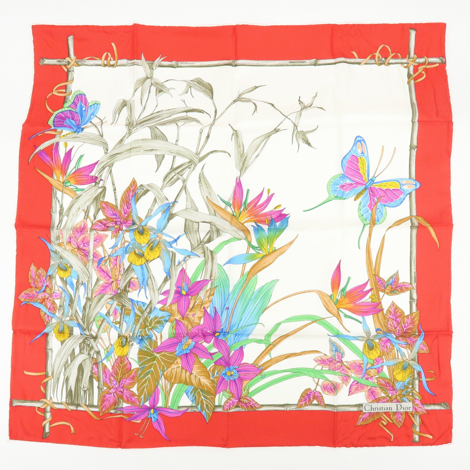 Christian Dior Set of 2 Silk 100% Scarf Flower Butterfly Red Navy