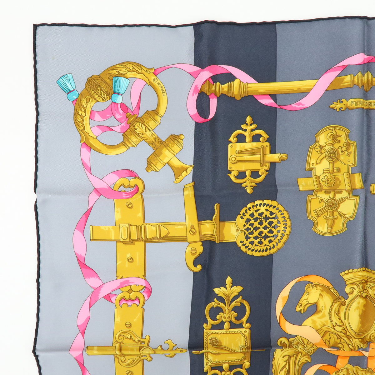 HERMES Carre 70 Silk 100% Scarf FERRONNERIE Gray Gold Pink