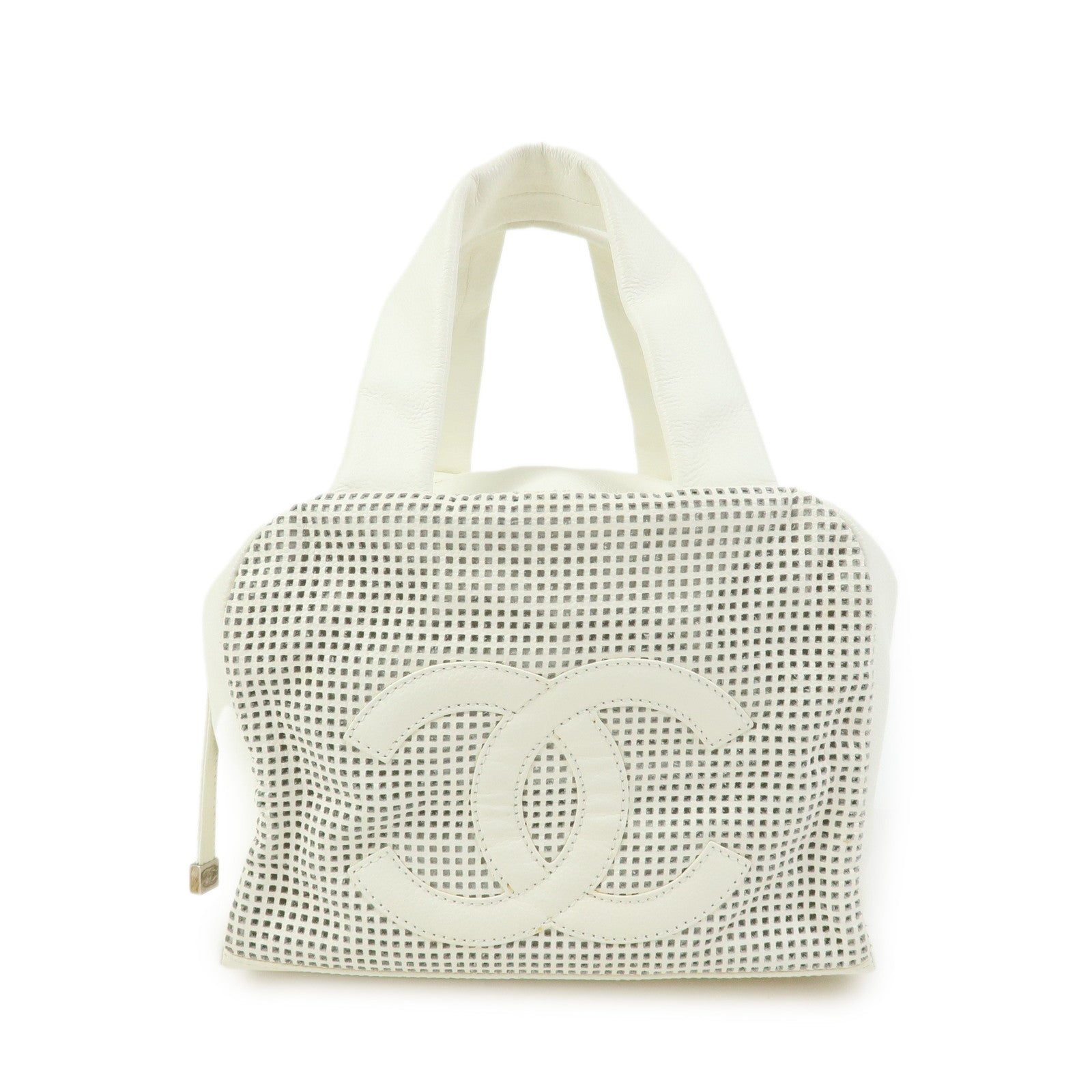 CHANEL COCO Mark Calf Leather Hand Bag Perforated Design Ivory