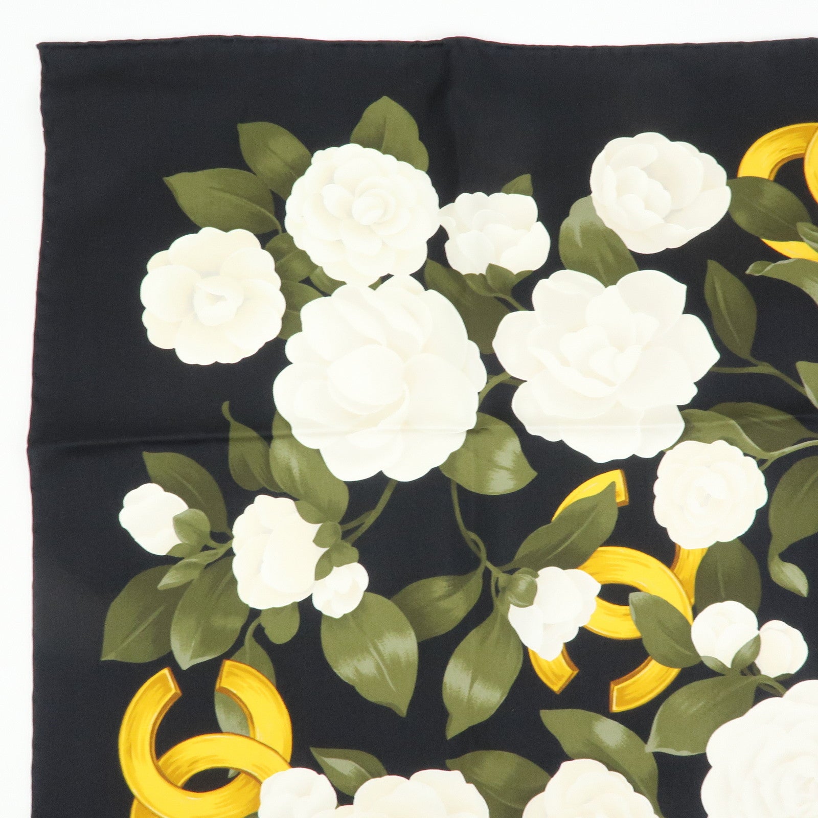 CHANEL COCO Mark Silk 100% Scarf Camellia Flower Black White Gold