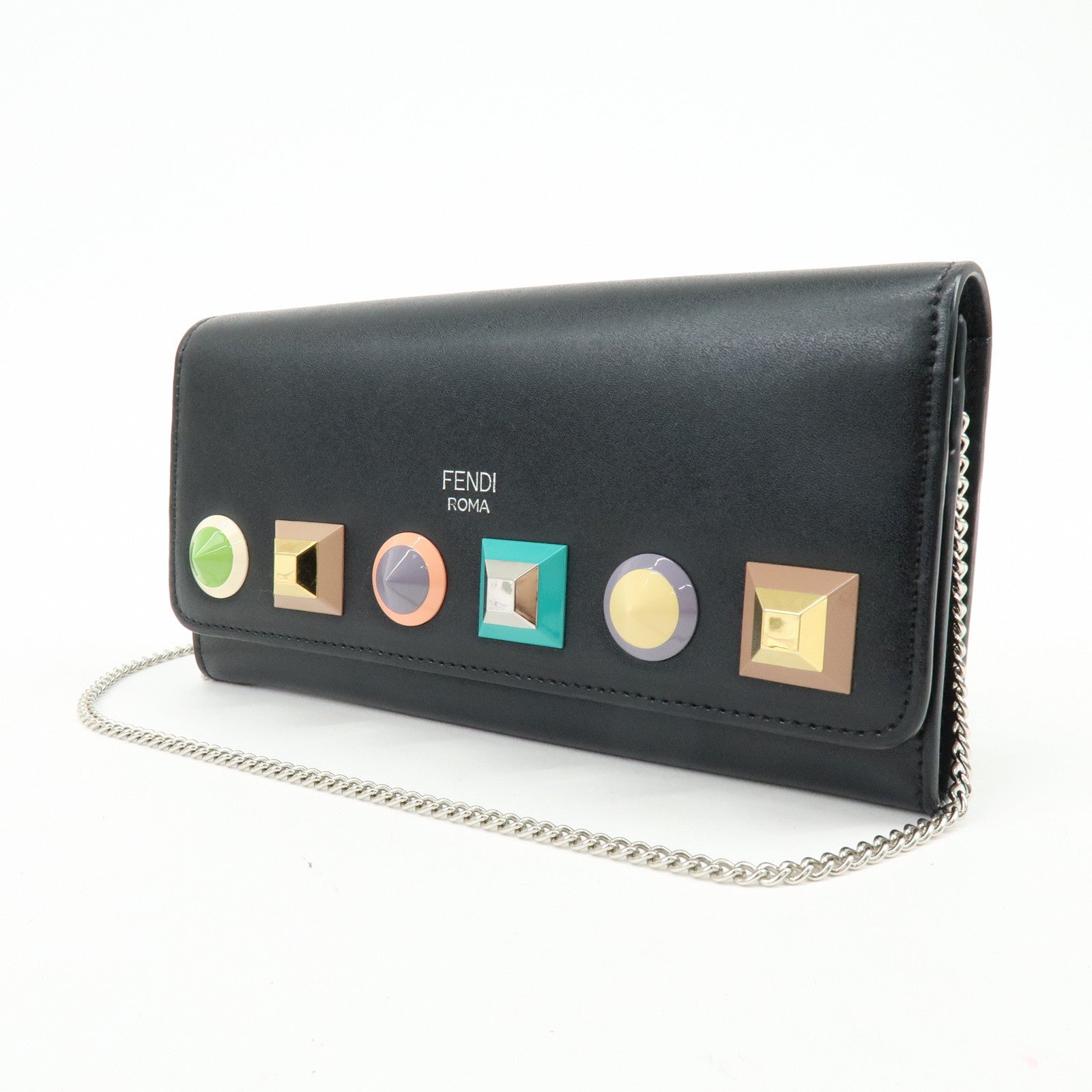 FENDI Leather Studs Chain Shoulder Wallet Long Wallet Black 8M0365