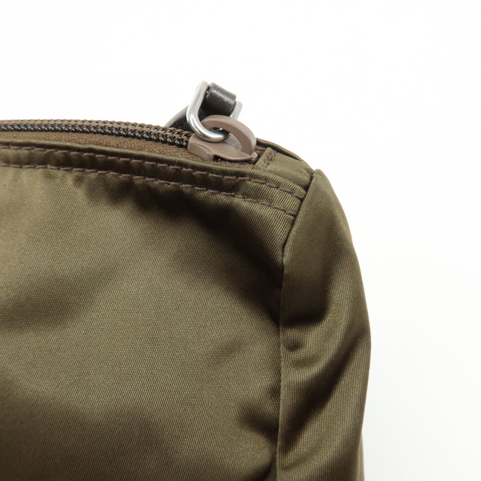 PRADA Triangle Logo Nylon Leather Pouch Cosmetic Makeup Bag Khaki