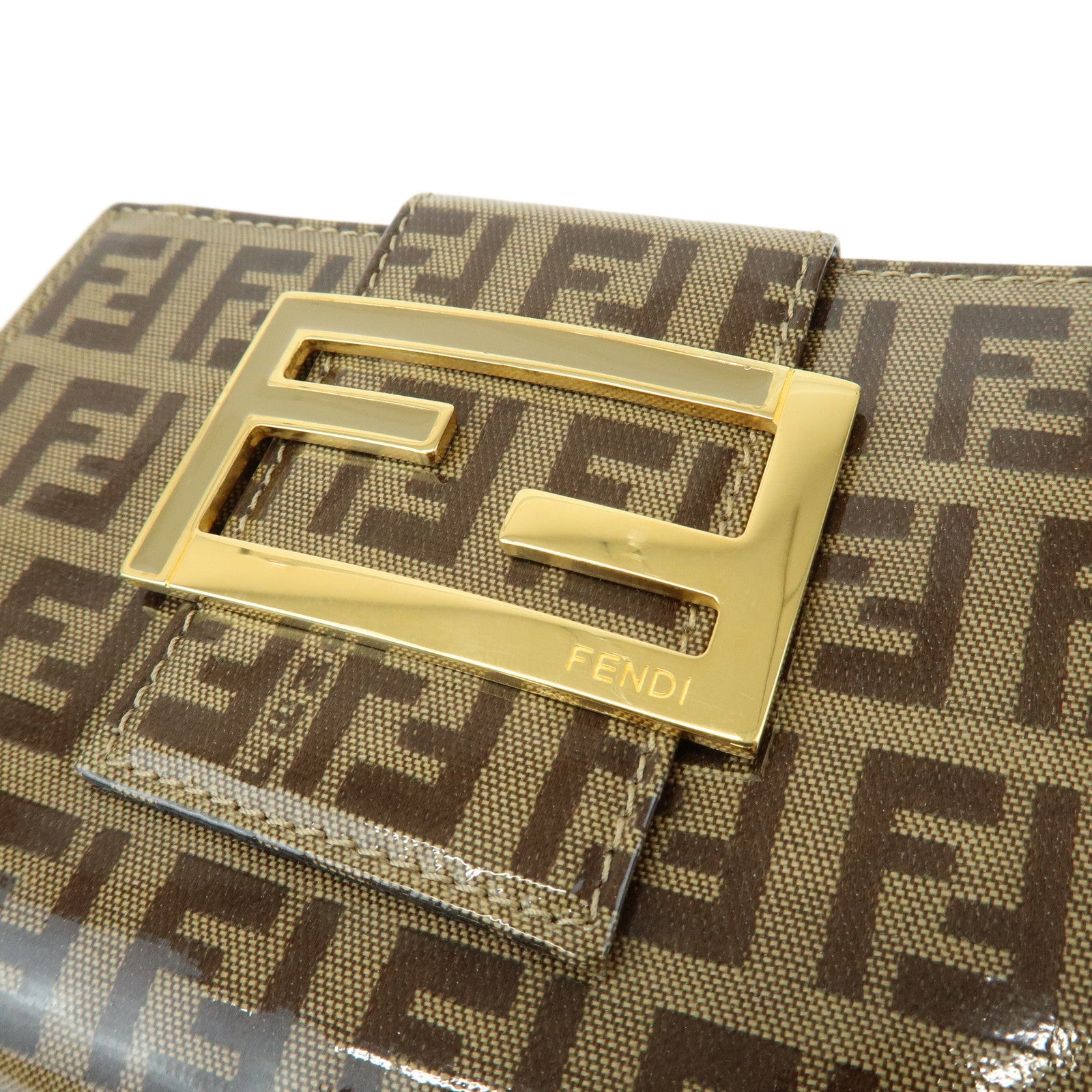 FENDI Zucchino Patent Leather Bi-fold Compact Wallet Beige Brown 16348