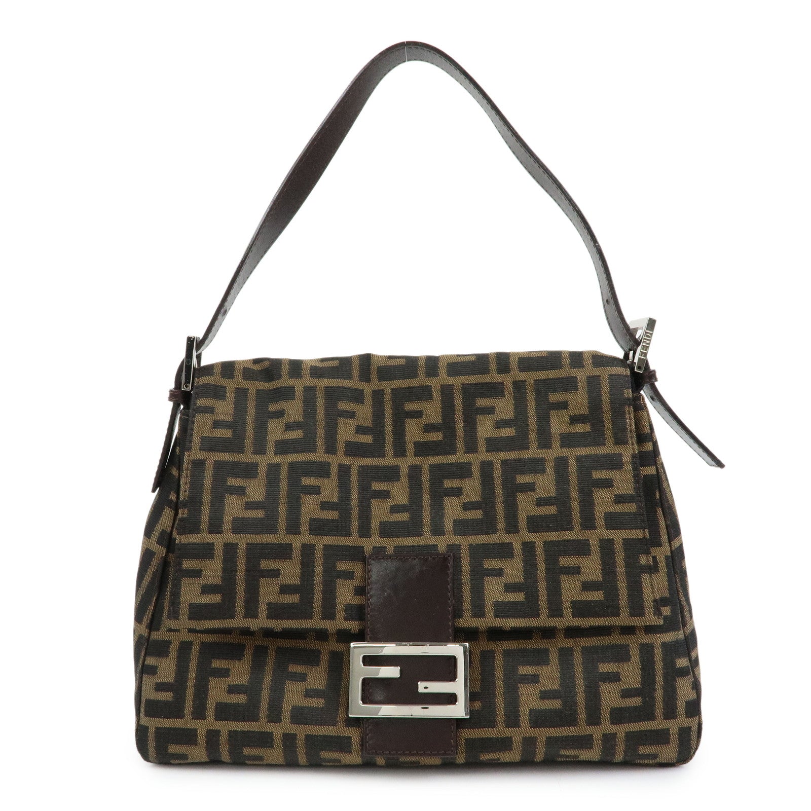 FENDI Mamma Baguette Zucca Canvas Leather Shoulder Bag Brown 26325