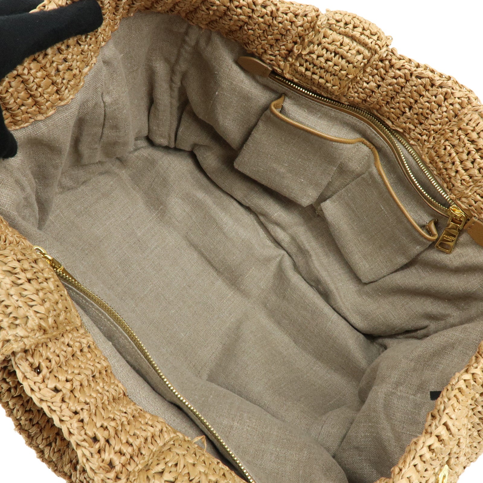 PRADA Triangle Logo Raffia Tote Bag Hand Bag Shoulder Bag Beige