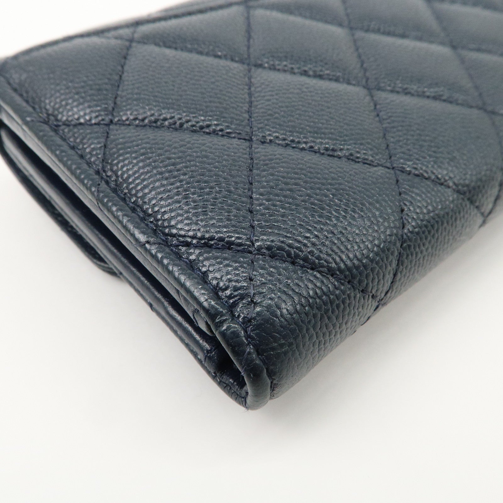 CHANEL Matelasse Caviarskin Tri-fold Wallet Small Wallet Navy AP0232 Used