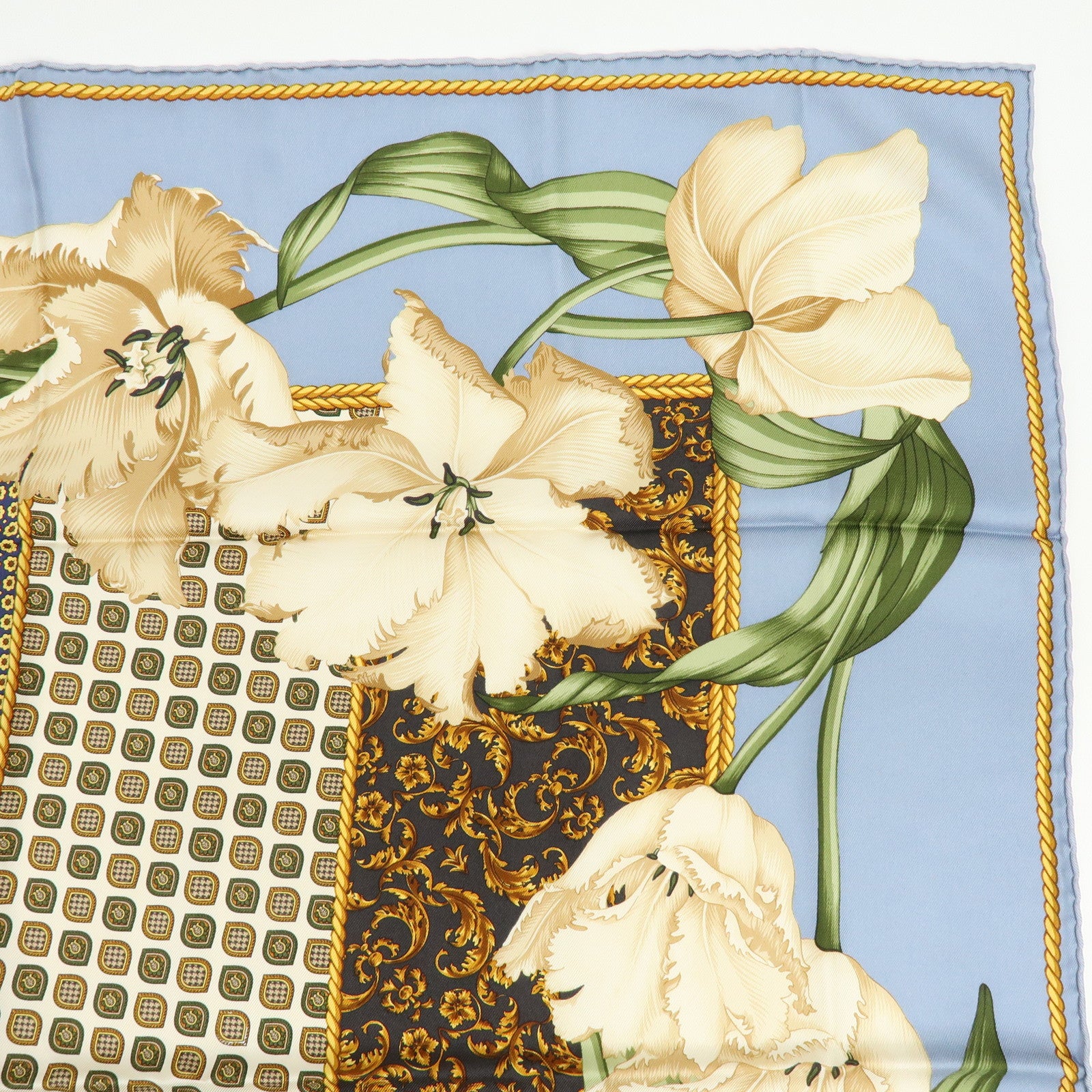 Christian Dior Silk 100% Scarf Tulips Geometric Pattern Blue Brown