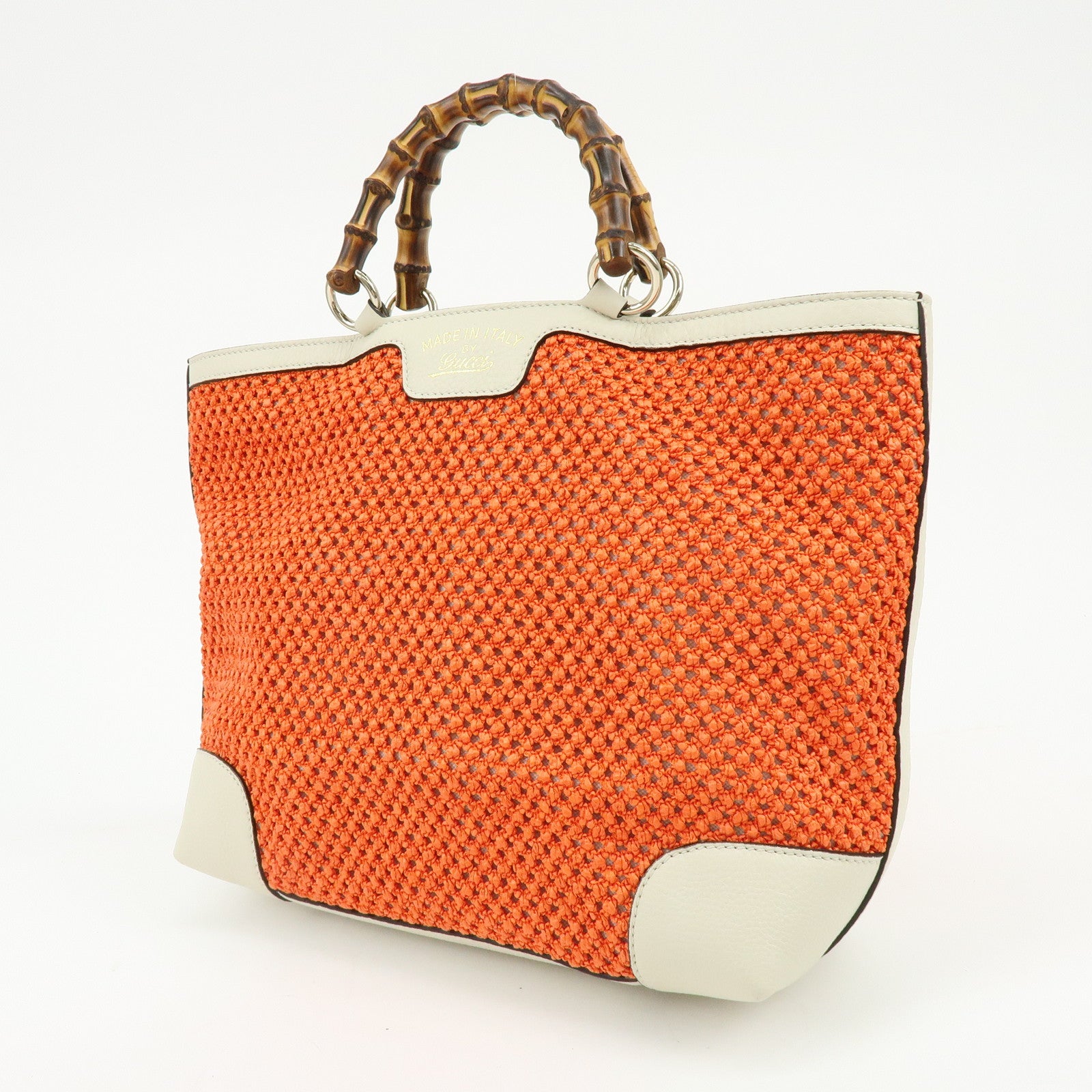 GUCCI Bamboo Raffia Leather Tote Bag Hand Bag Orange White 338965