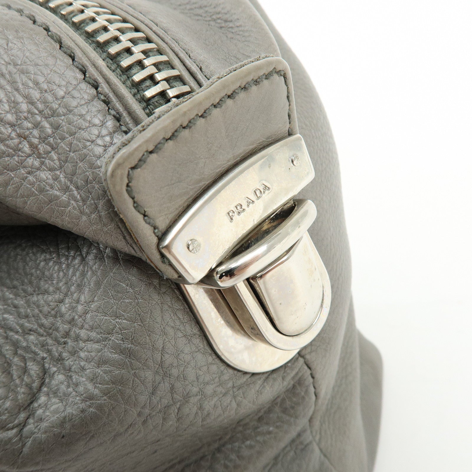 PRADA Triangle Logo Leather Boston Bag Shoulder Bag Gray BR2630