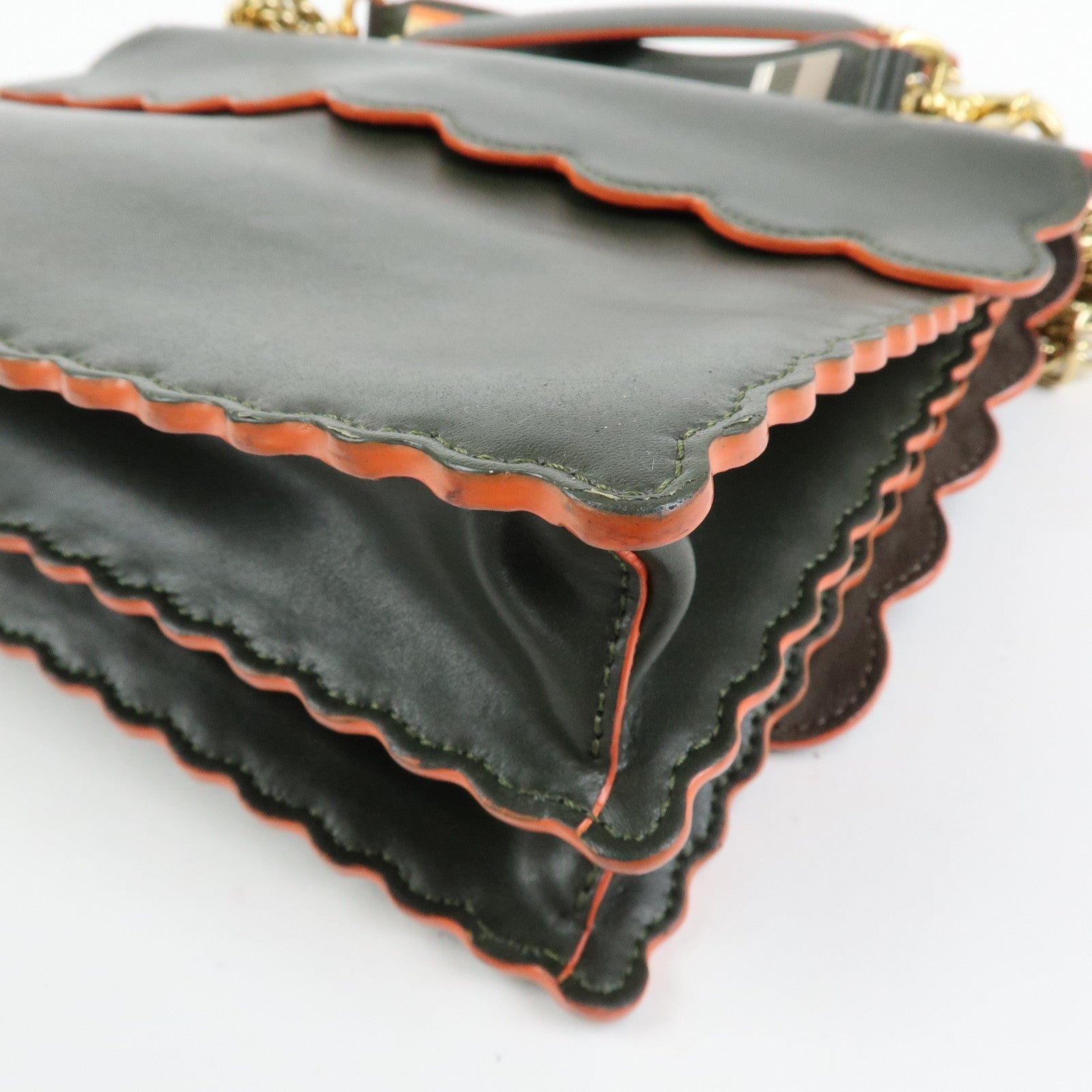 FENDI KAN I Leather 2Way Bag Chain Shoulder Bag Green Orange 8BT283