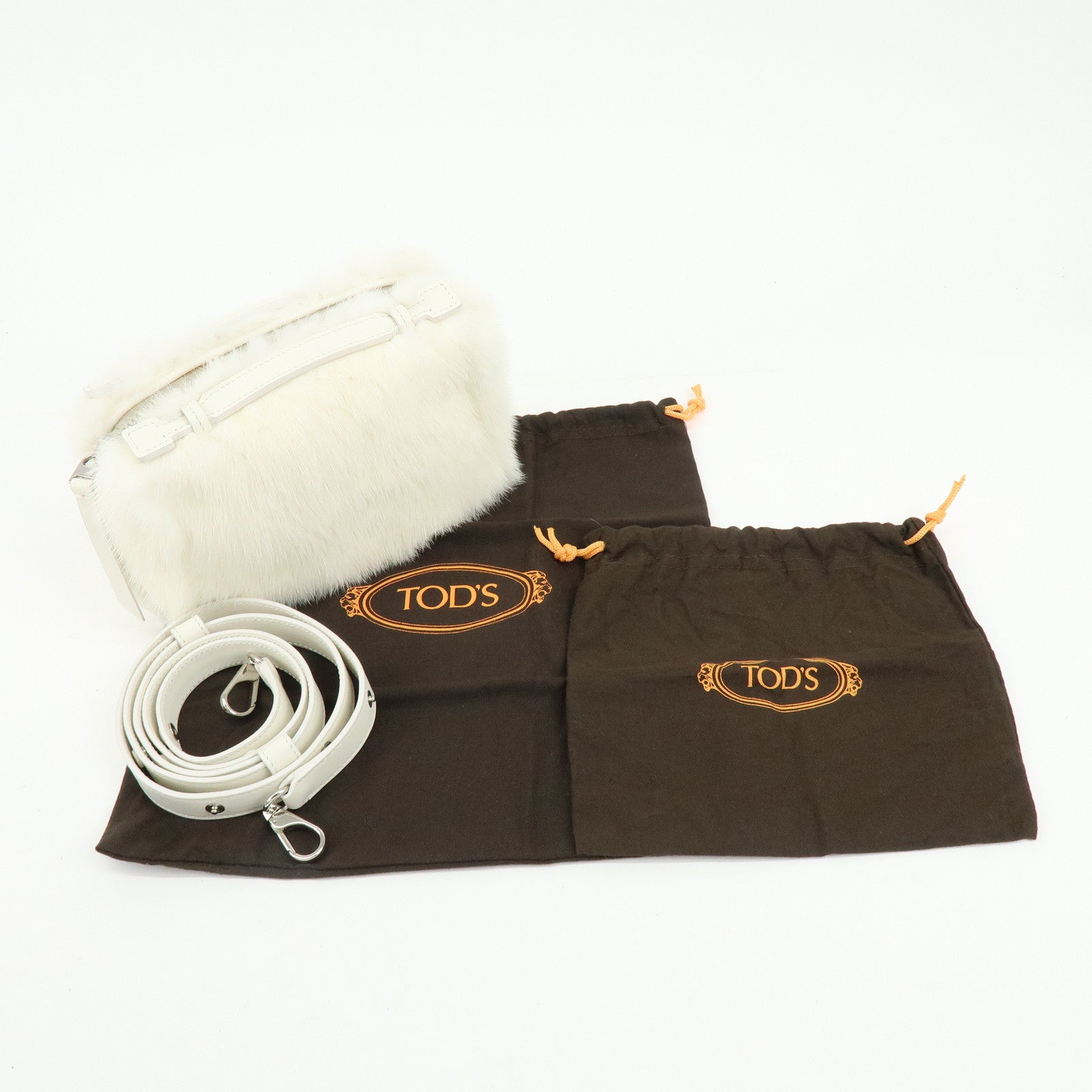TOD'S Fur Leather 2Way Bag Hand Bag Shoulder Bag White