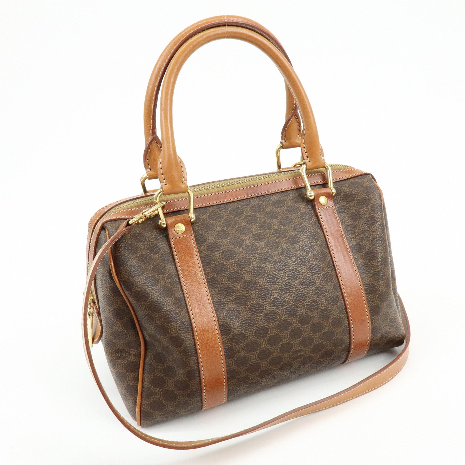 CELINE Macadam Logo PVC Leather 2Way Boston Bag Hand Bag Brown