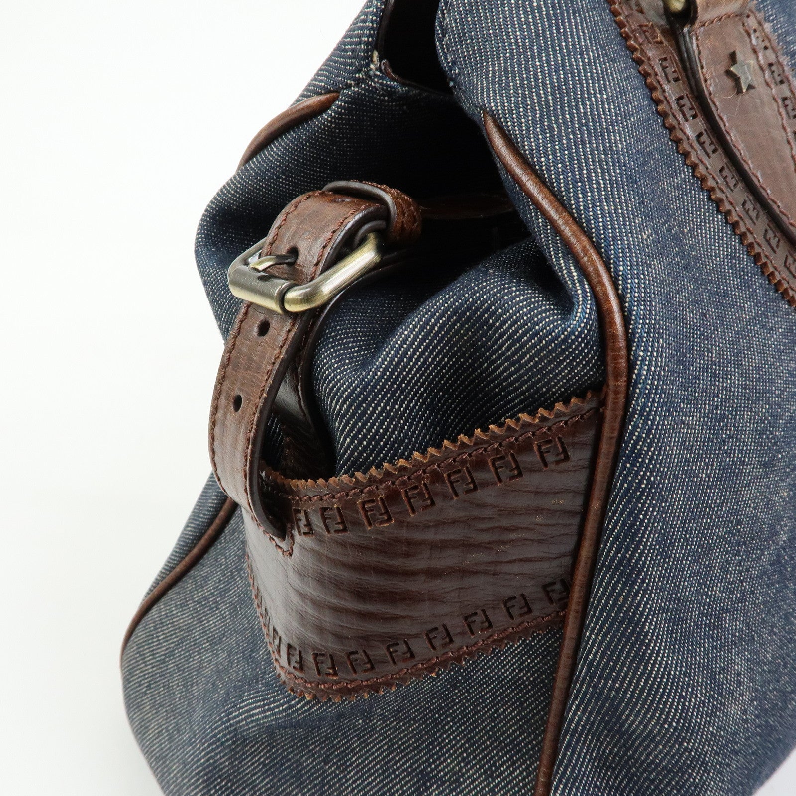 FENDI Etnico Leather Denim Tote Bag Shoulder Bag Brown Blue 8BN162
