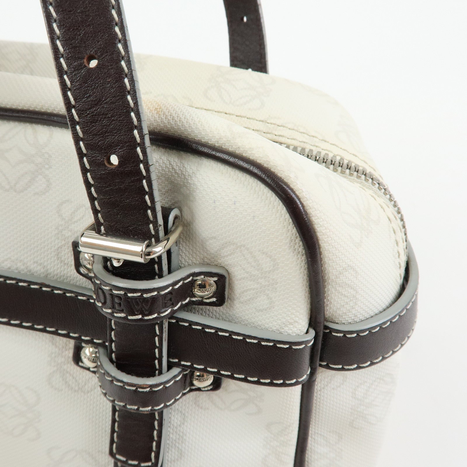LOEWE Anagram PVC Leather Hand Bag Boston Bag White Dark Brown