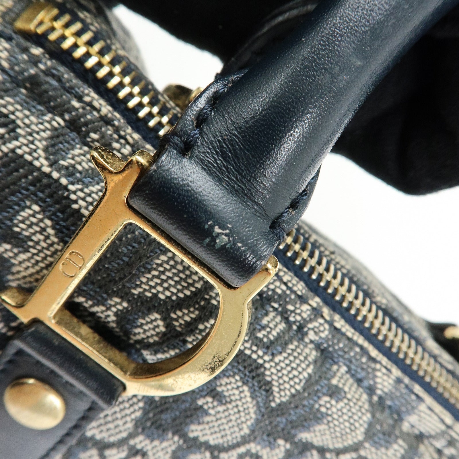 Christian Dior Trottern Jacquard Leather Mini Boston Bag Hand Bag Navy