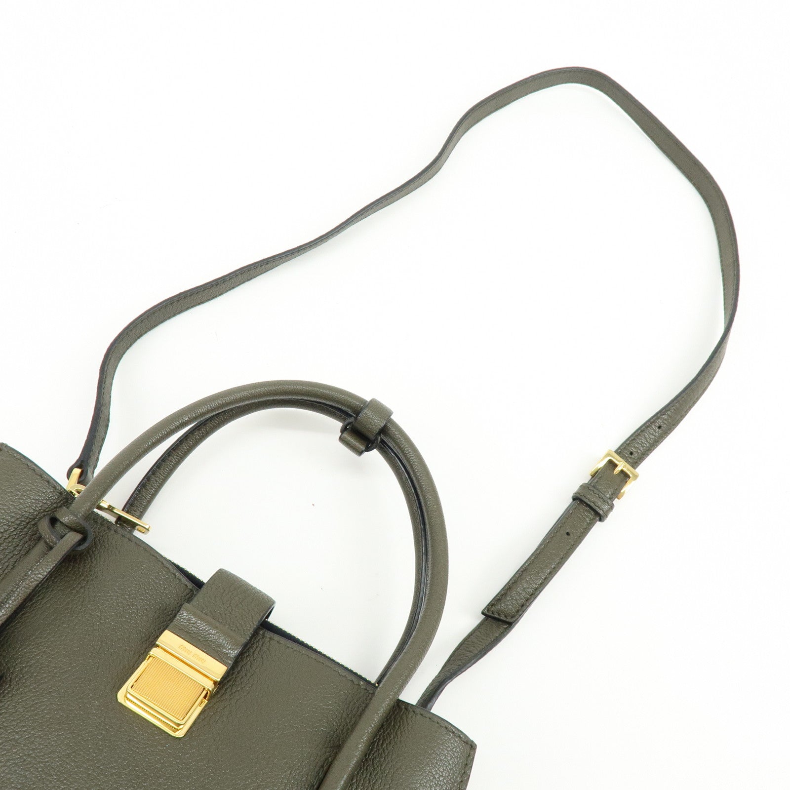 MIU MIU Madras Leather 2Way Bag Hand Bag Shoulder Bag Khaki 5BA104