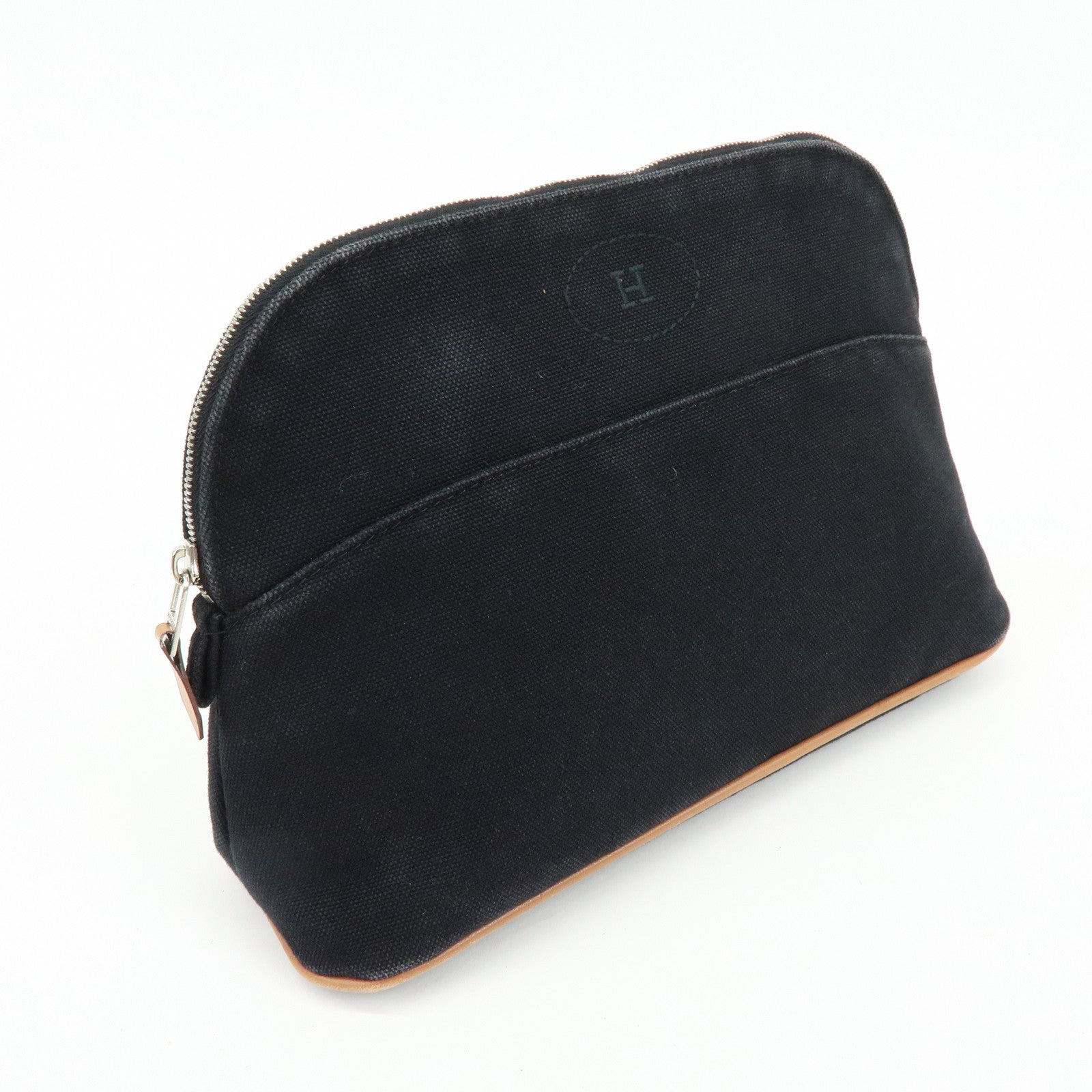 HERMES Bolide Pouch MM Cotton Leather Cosmetic Bag Black Brown