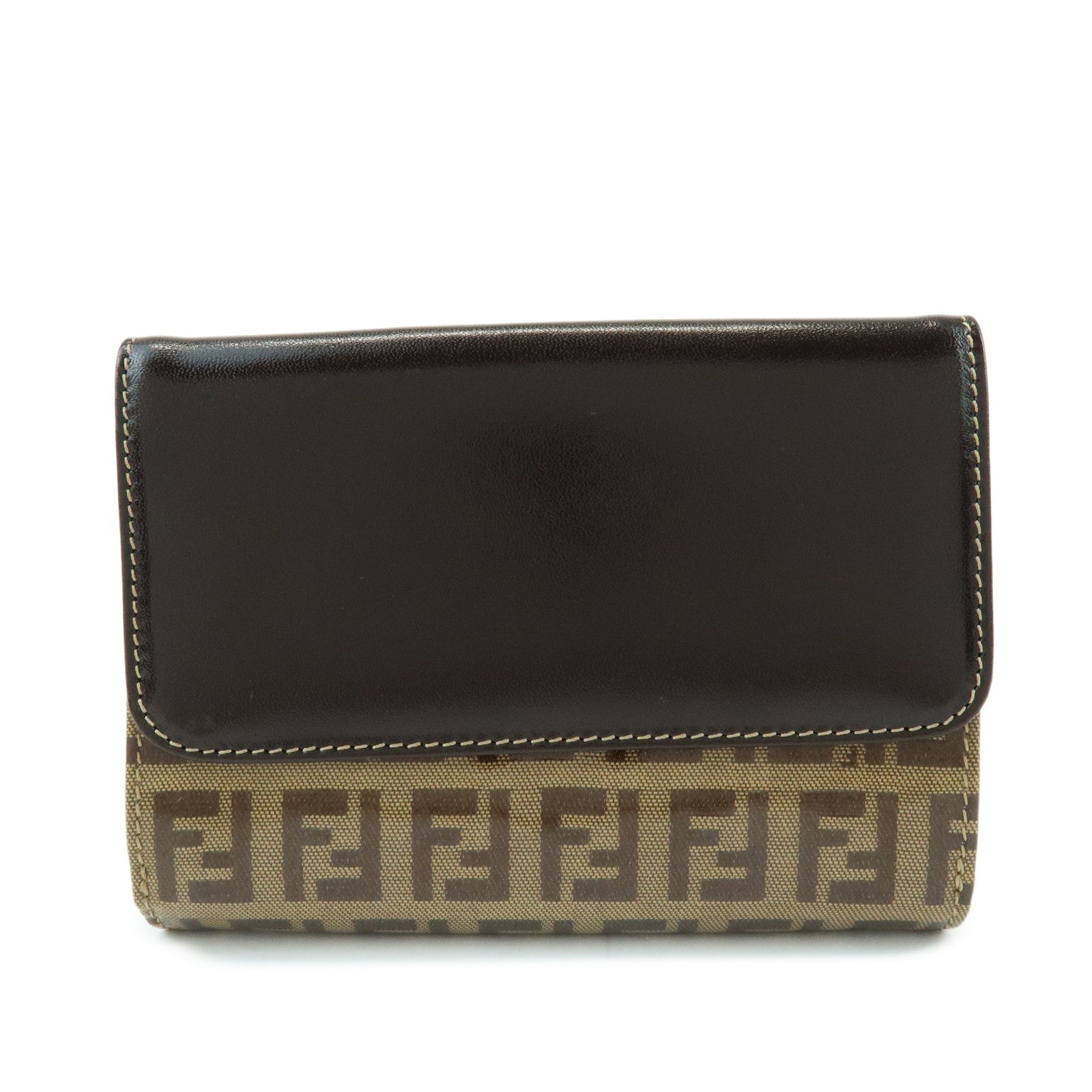 FENDI Zucchino Patent Leather Bi-fold Compact Wallet Beige Brown 16348