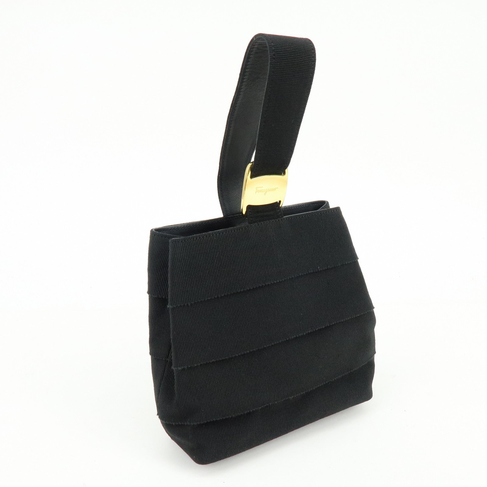 Ferragamo Vara Canvas Leather Tiered Hand Bag Pouch Black