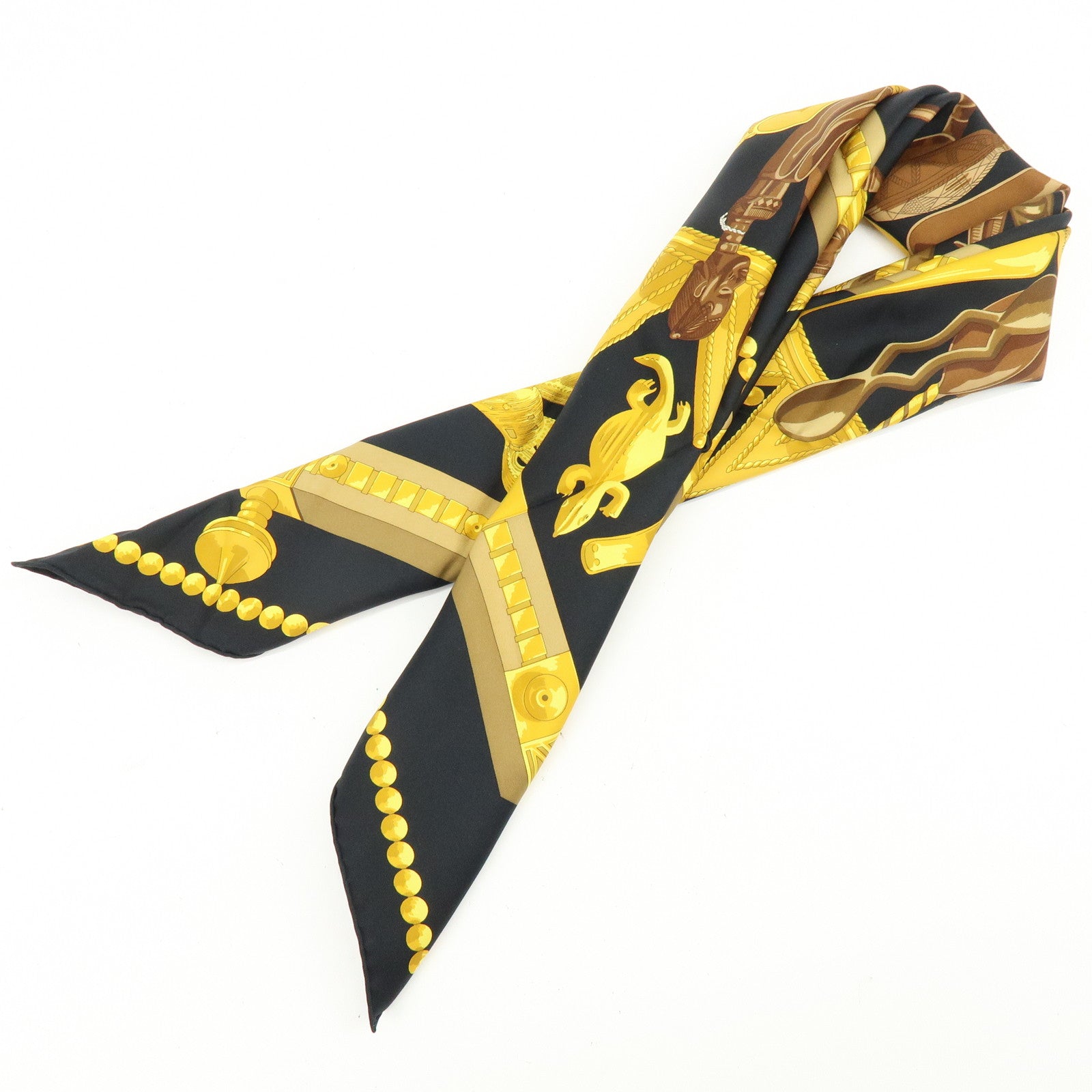 HERMES Carre 90 Silk 100% Scarf CUILLERS D'AFRIQUE Black Gold Brown
