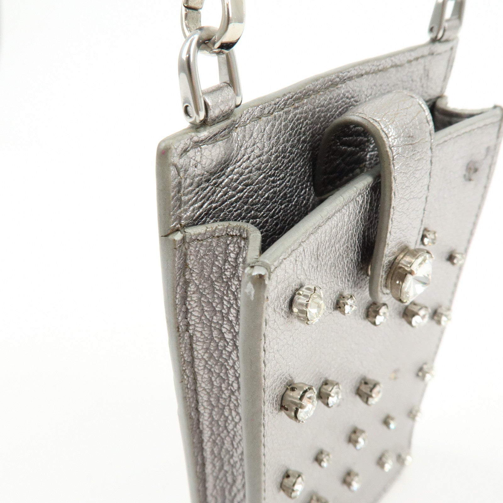 MIU MIU Madras Leather Studs Shoulder Bag Crossbody Phone Pouch Silver