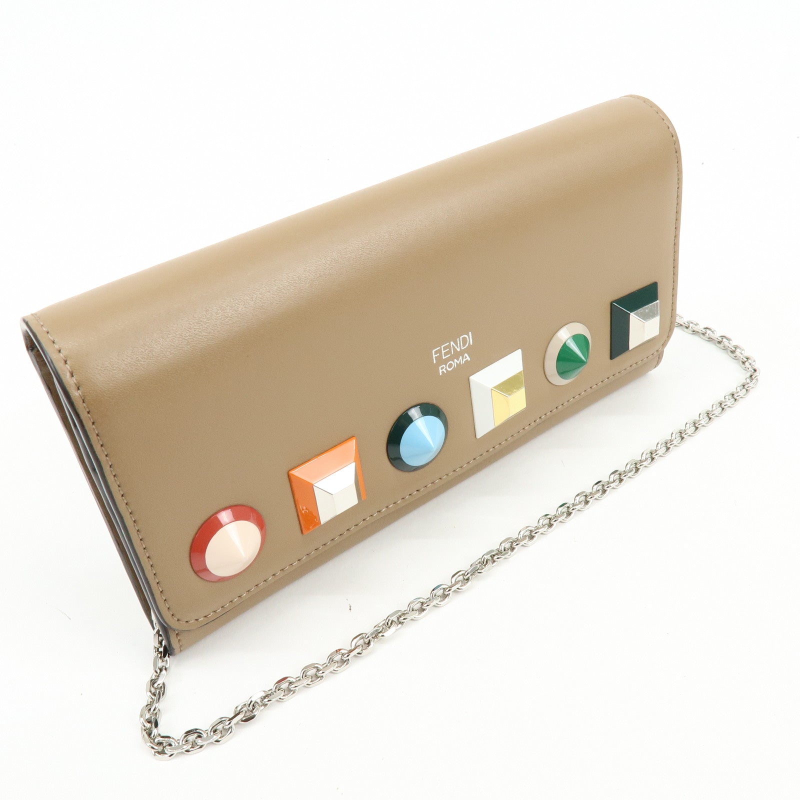 FENDI Leather Studs Chain Shoulder Wallet Long Wallet Beige 8M0365
