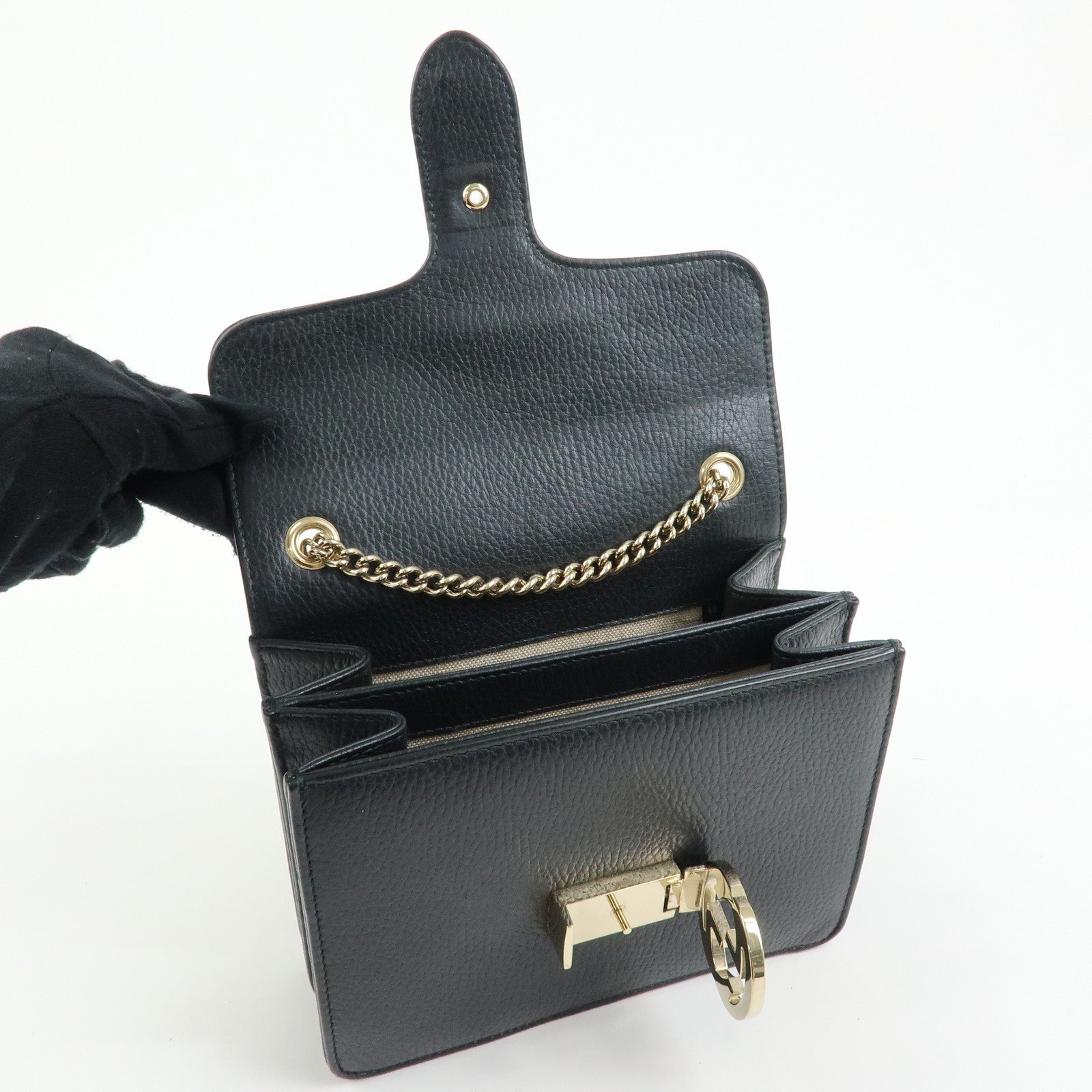 GUCCI Interlocking G Leather Chain Flap Shoulder Bag Black 510304