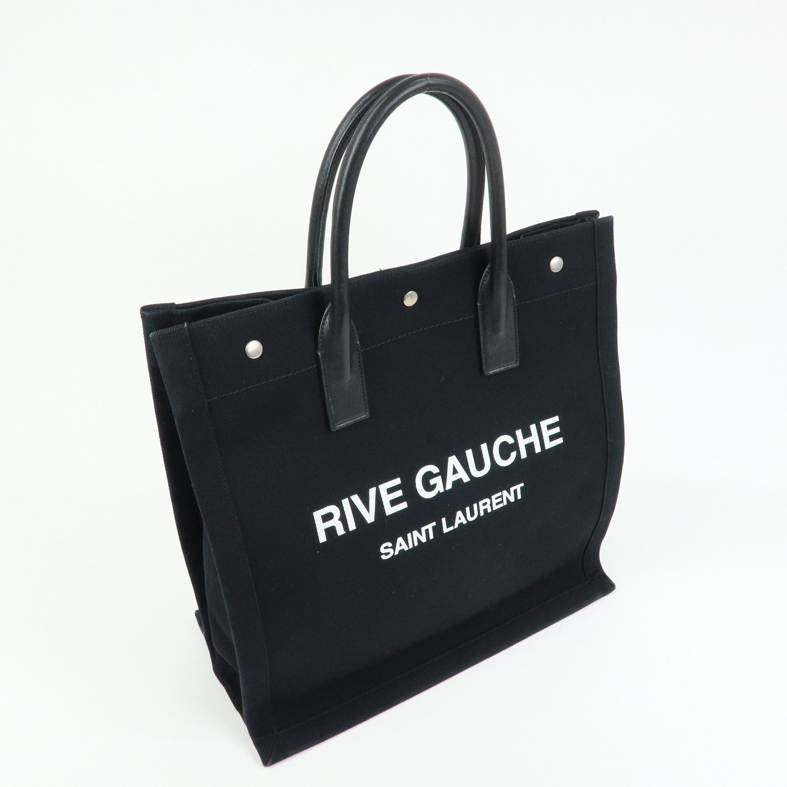 SAINT LAURENT PARIS Rive Gauche Canvas Leather Tote Bag Black 632539