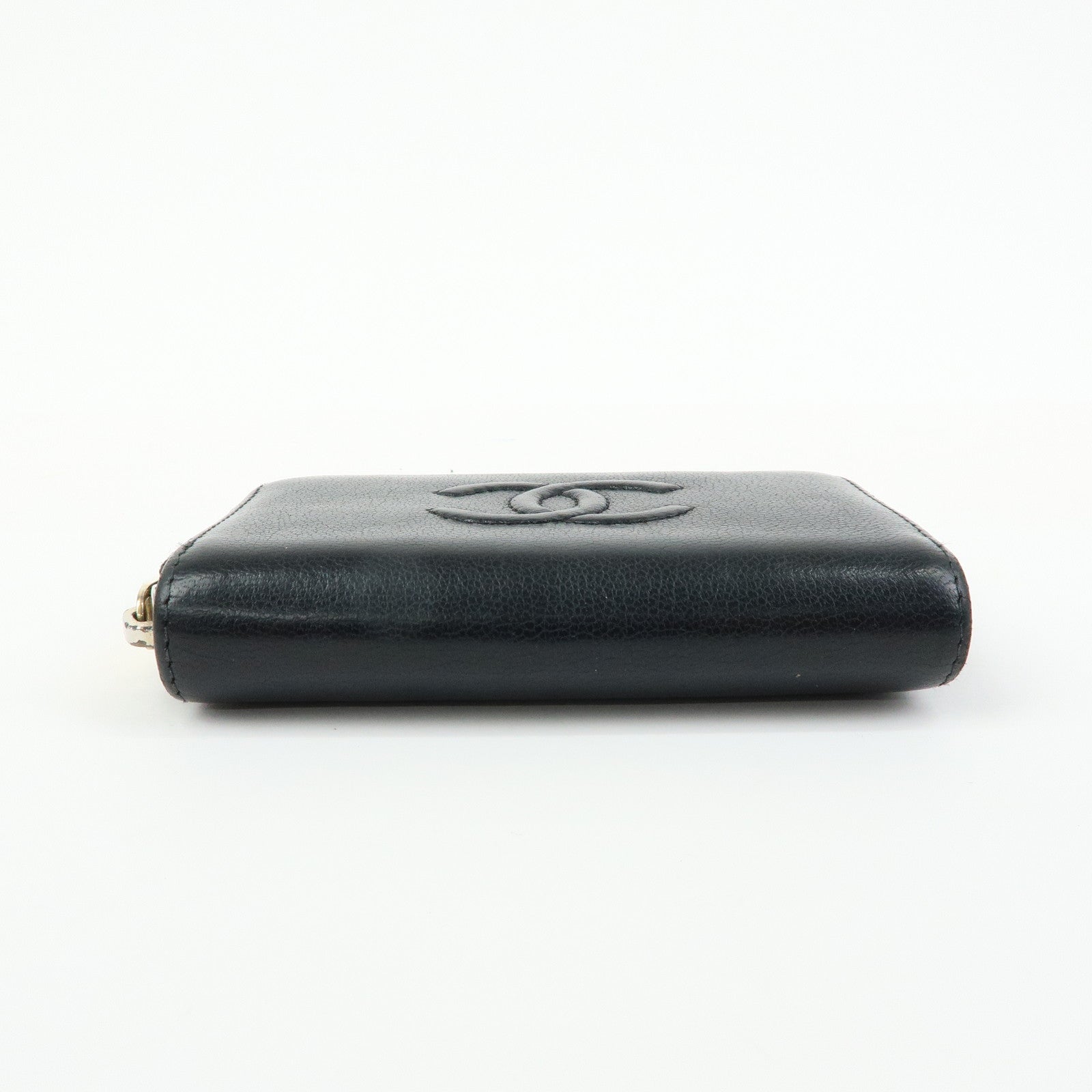 CHANEL COCO Mark Calf Skin Round Zippy Compact Wallet Black