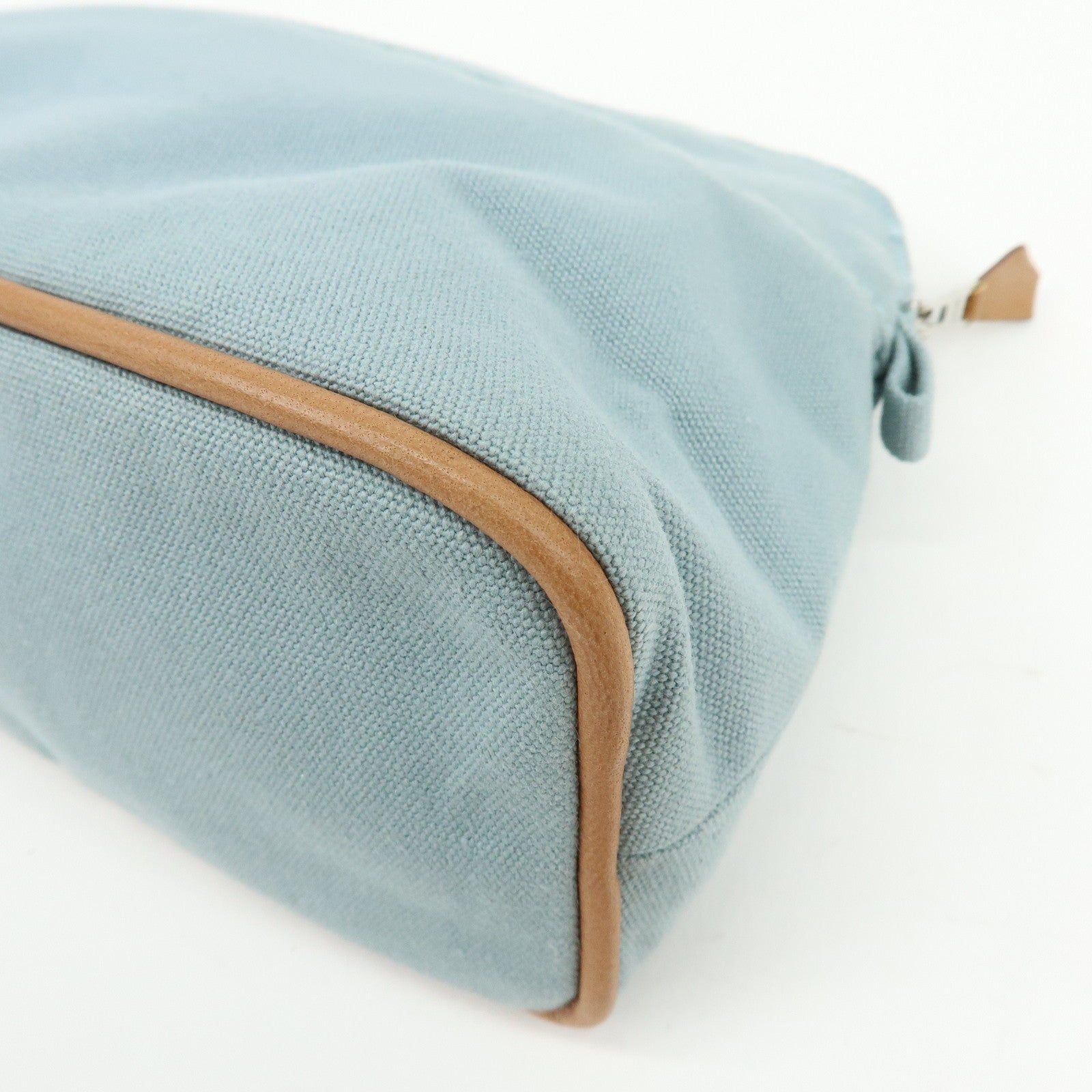 HERMES Bolide Pouch MM Cotton Leather Cosmetic Pouch Light Blue Brown